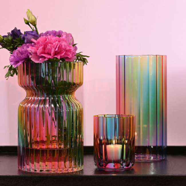 Vrolijke waxinelichthouder Jacquard Multicolour sprayed 7,5x9 cm