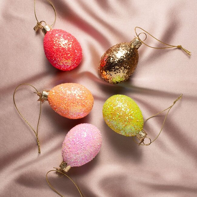 Vondels Paasei met glitter paasornament 6 cm set van 5