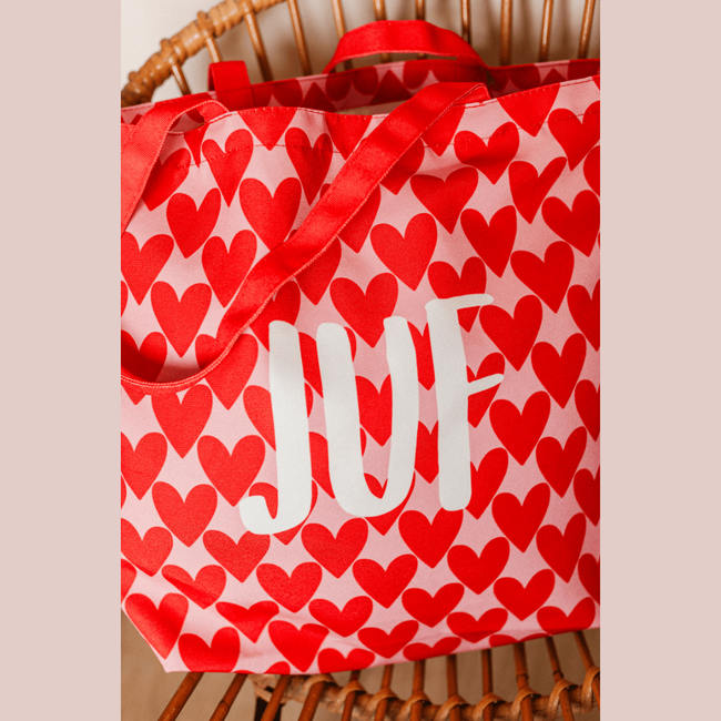 Canvas Tas Juf – Hartjes XL  – 48x38 cm
