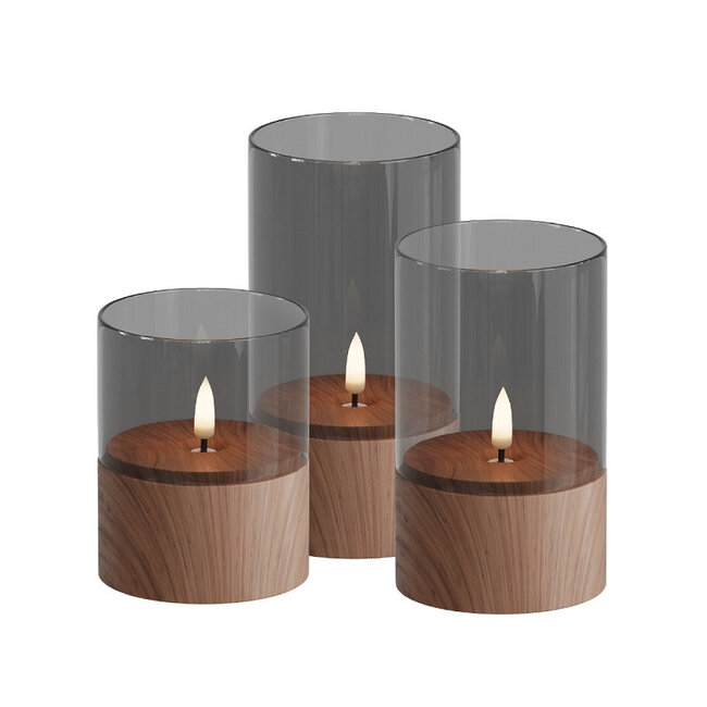 Deluxe Homeart Wood LED Candle in Glass Ø7,5, 3 pcs.