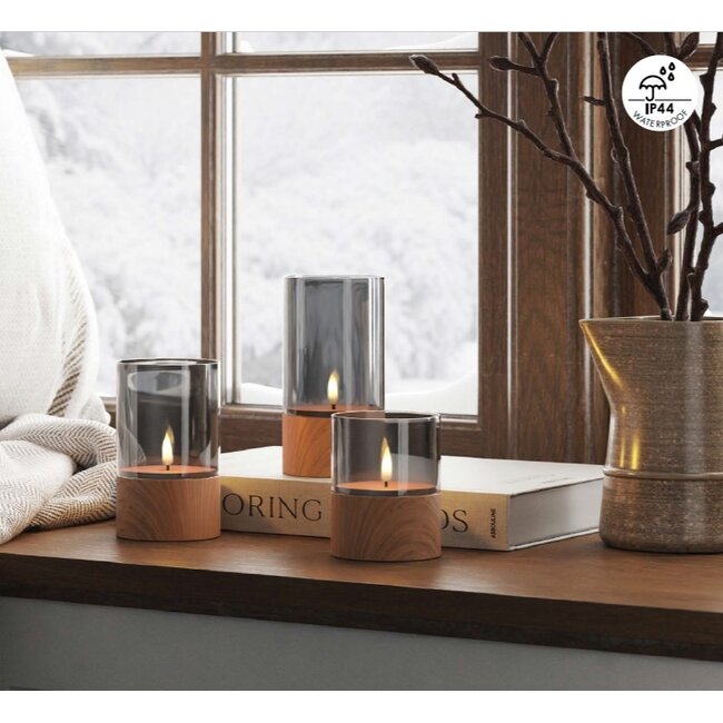 Deluxe Homeart Wood LED Candle in Glass Ø7,5, 3 pcs.