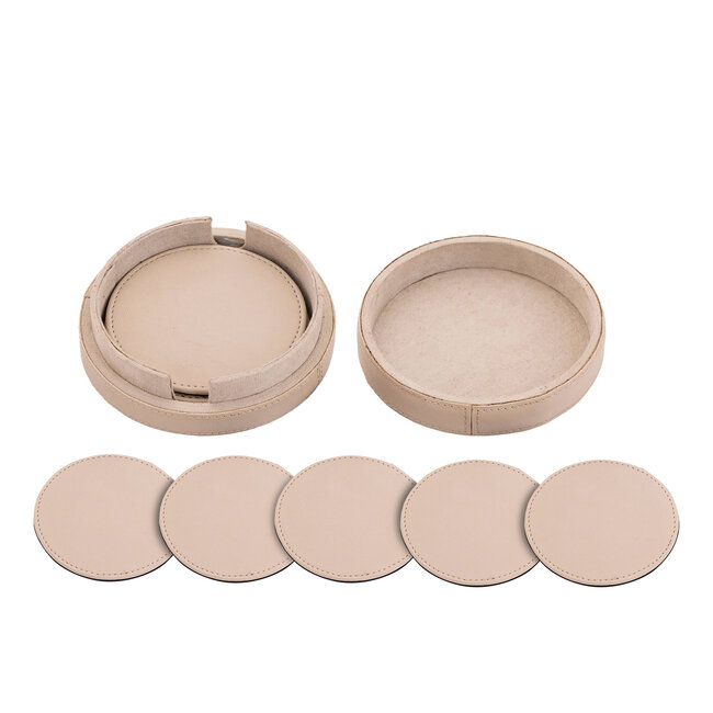 PTMD Delcia Ronde Onderzetters met Doosje – S/6 – Beige Vegan Leer