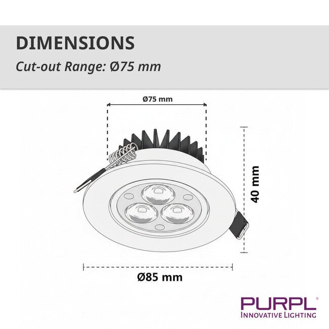 PURPL LED Recessed Spotlight - 3W - 4000K - Ø85 mm - Dimmable - IP40 - Tiltable - Round - White