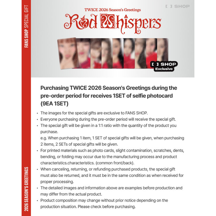 [PREORDER] TWICE (트와이스) - 2026 SEASON'S GREETINGS [RED WHISPERS] - [DESK CALENDAR] PACKAGE + [JYP FANS PHOTOCARD SET]