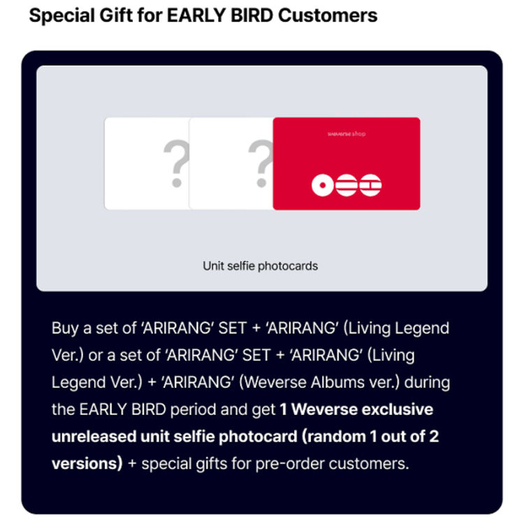 [PREORDER] BTS (방탄소년단) - ARIRANG - 5TH ALBUM [3 ALBUM SET + "EARLY BIRD" WEVERSE GIFT]