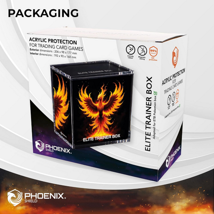 PHOENIX SHIELD - TRANSPARENT ACRYLIC DISPLAY FOR TRADING CARD GAMES (FOR POKEMON ETB)