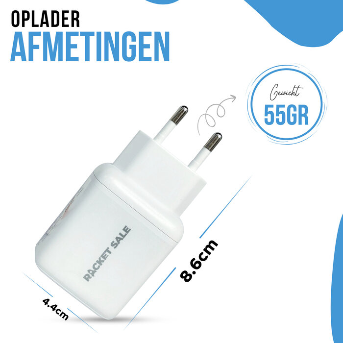 Rocket Sale® Rocket Sale ® USB C-Oplader, 20W iPhone Power-Adapter, Dual-Poort-Stekker met PD en QC3.0, Snellader/Charger Compatibel met iPhone 15/14/13/12/11/Pro Max/Mini/SE/XS/XR/X/8, Samsung S23/S22/S21 en Meer