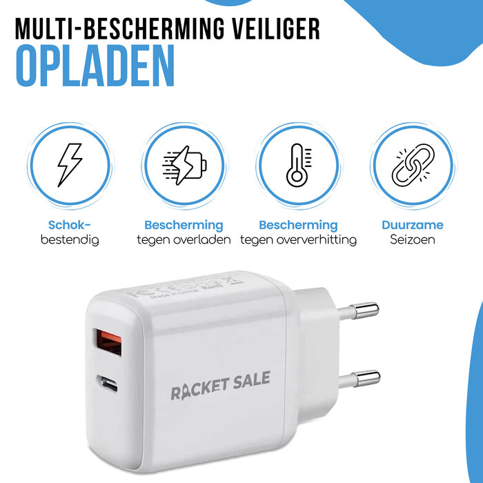 Rocket Sale® Rocket Sale ® USB C-Oplader, 20W iPhone Power-Adapter, Dual-Poort-Stekker met PD en QC3.0, Snellader/Charger Compatibel met iPhone 15/14/13/12/11/Pro Max/Mini/SE/XS/XR/X/8, Samsung S23/S22/S21 en Meer