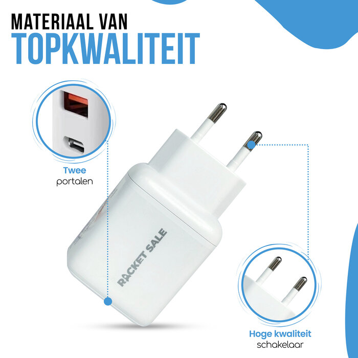 Rocket Sale® Rocket Sale ® USB C-Oplader, 20W iPhone Power-Adapter, Dual-Poort-Stekker met PD en QC3.0, Snellader/Charger Compatibel met iPhone 15/14/13/12/11/Pro Max/Mini/SE/XS/XR/X/8, Samsung S23/S22/S21 en Meer