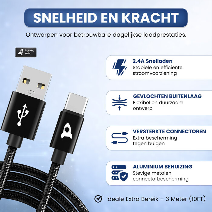 Rocket Sale® Oplaad kabel Type-A > Type-C 3M