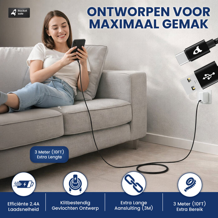 Rocket Sale® Oplaad kabel Type-A > Type-C 3M