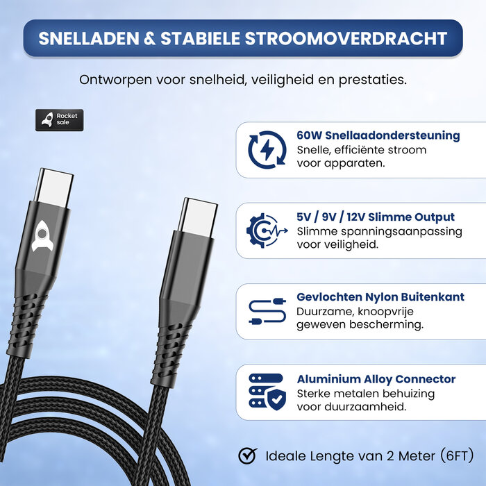 Rocket Sale® Oplaad kabel Type-C > Type-C 2M