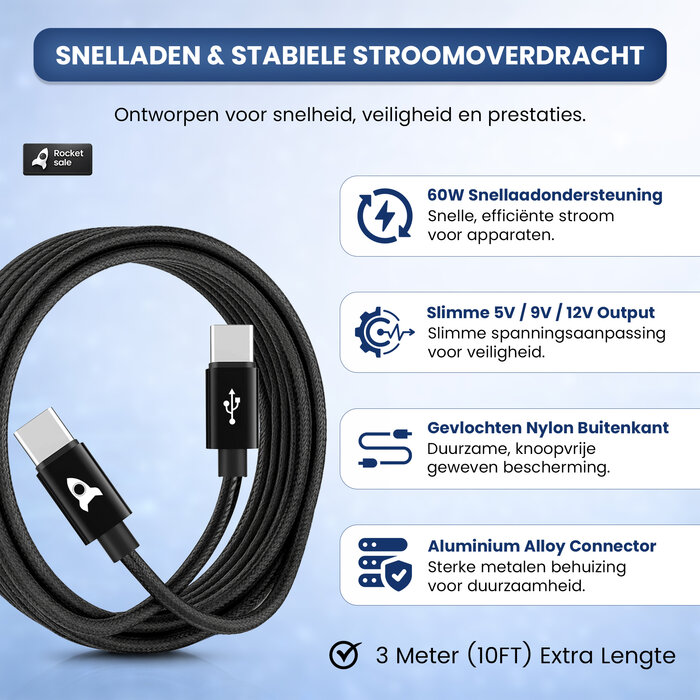 Rocket Sale® Oplaad kabel Type-C > Type-C 3M