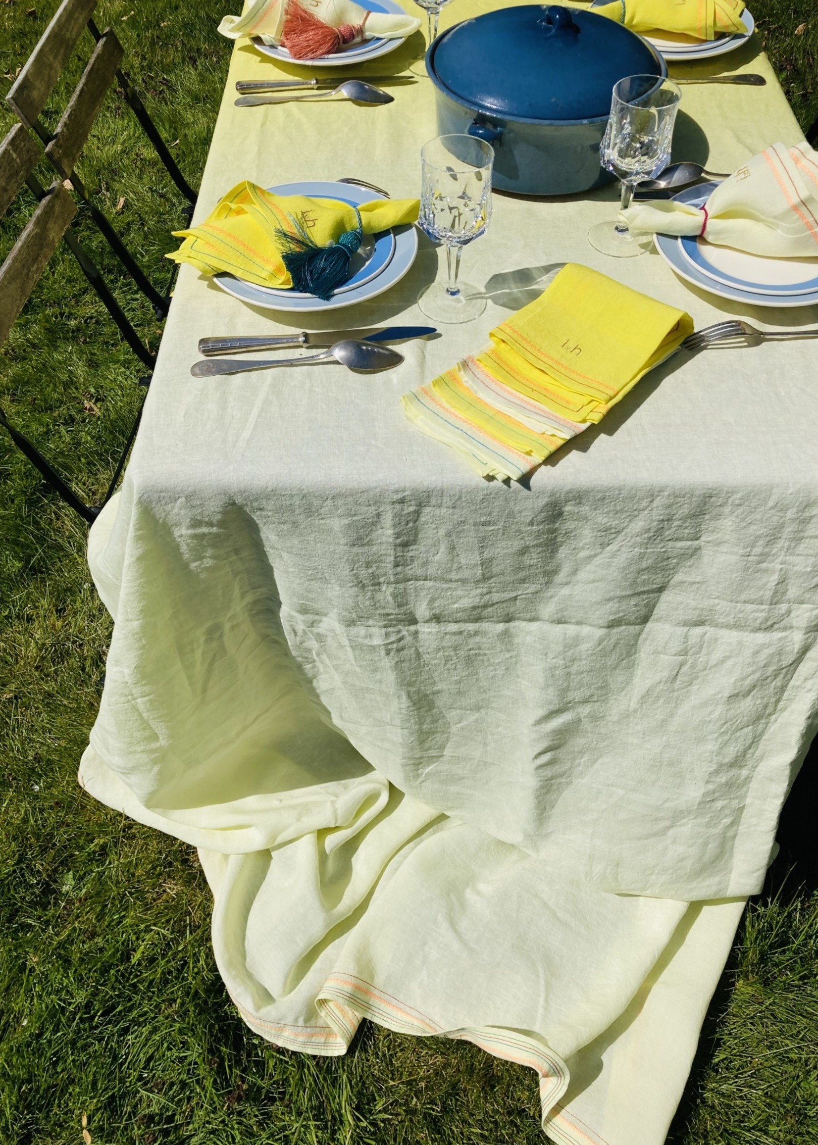 Yellow Tablecloth in Belgian High end Linnen with Embroidery