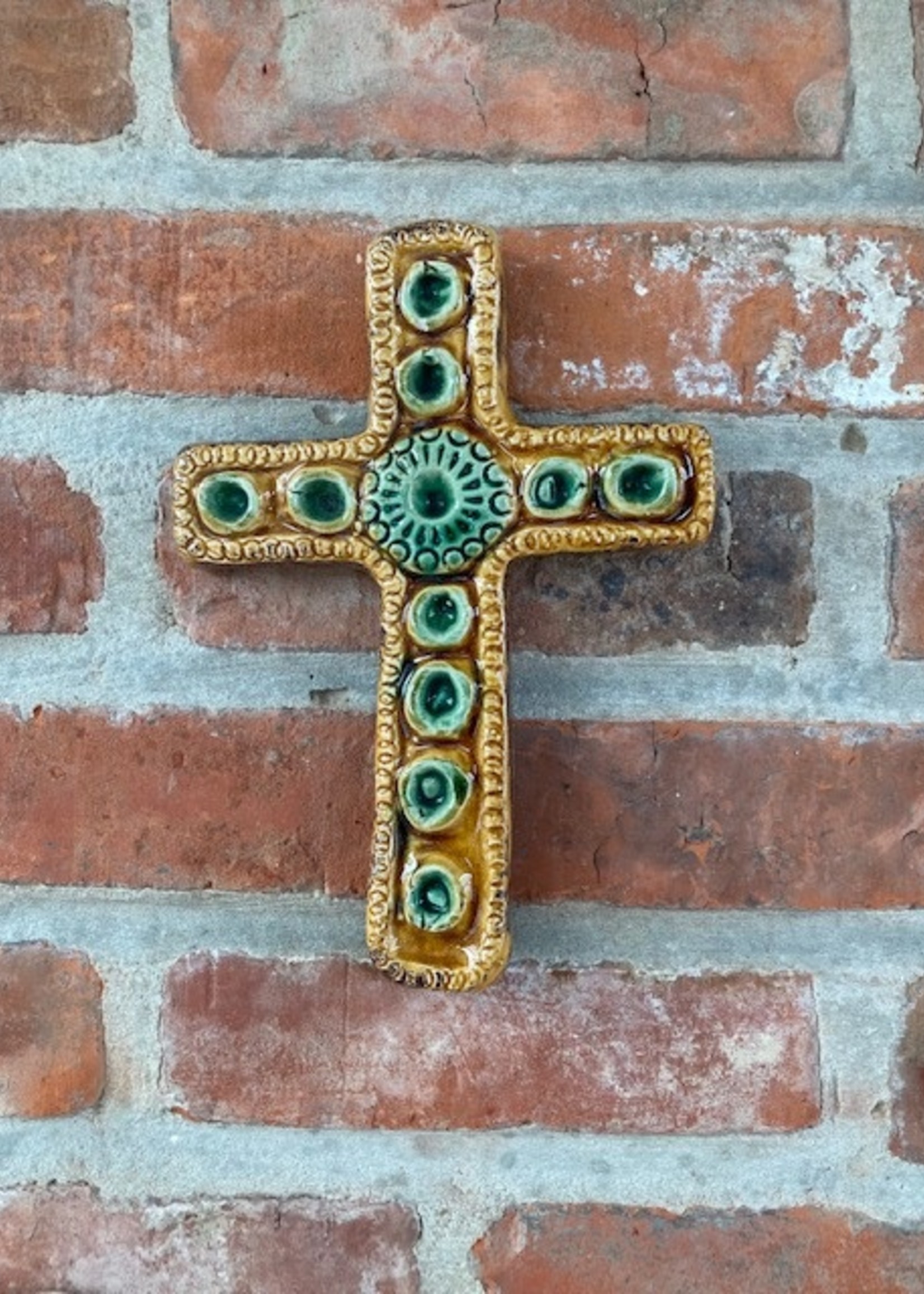 Seventies Ceramic Cross in yellow and green