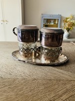 Coffee set in silver metal and glass. Includes 2 coffee filters, a tray, a milk jug and a sugar bowl.