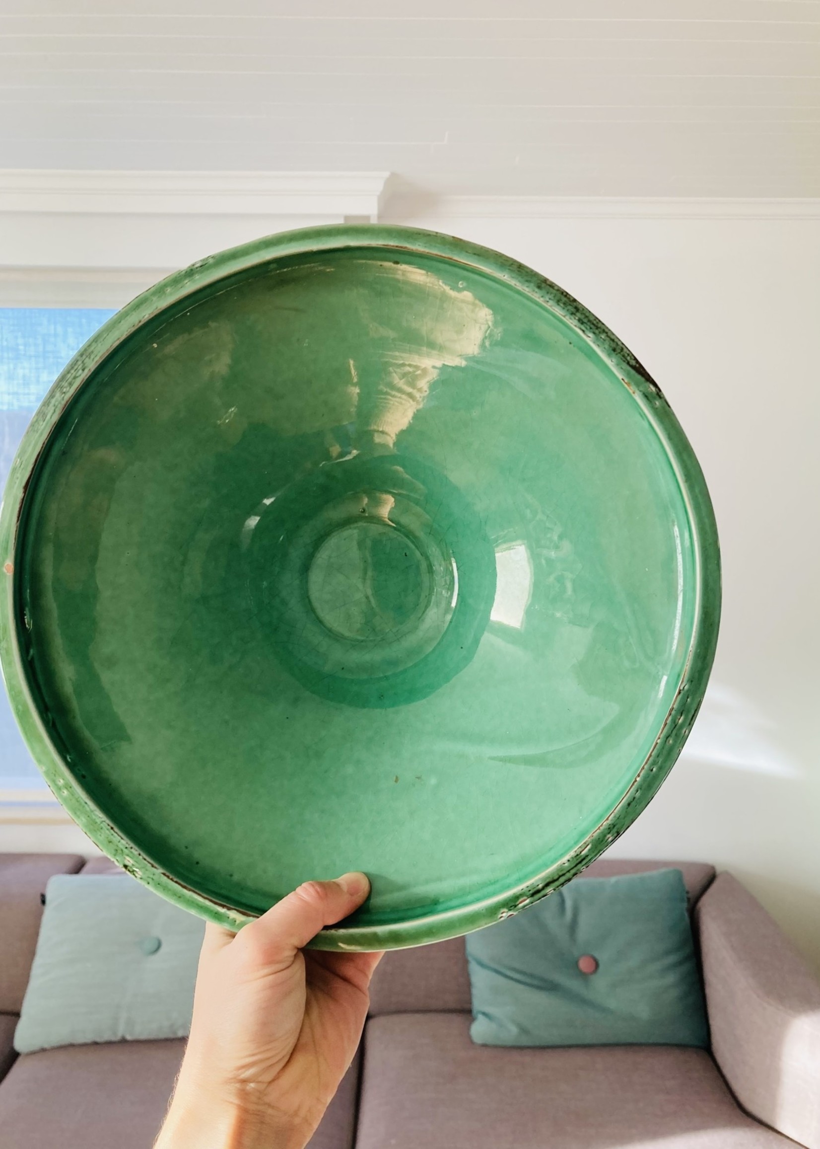 Green Barbotine ceramic dish on foot