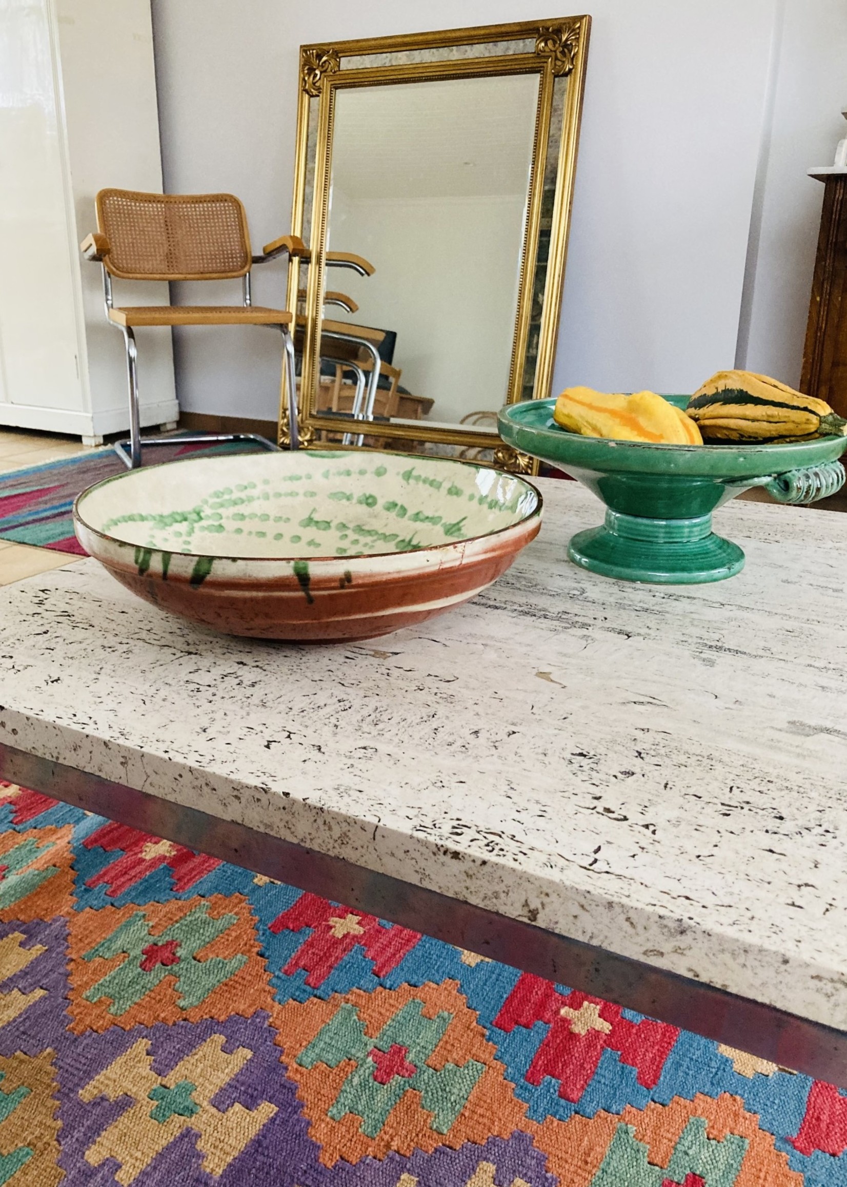 Large ceramic decoration  dish with green beige and paint