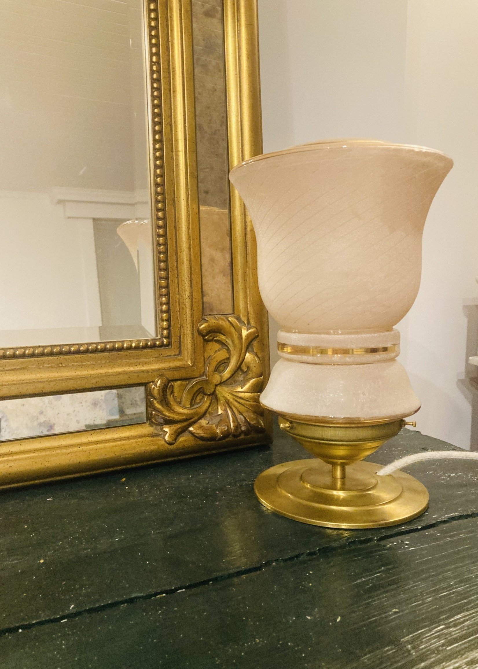 Crown shaped, pink frosted glass lampshade with golden lines, French Art Deco