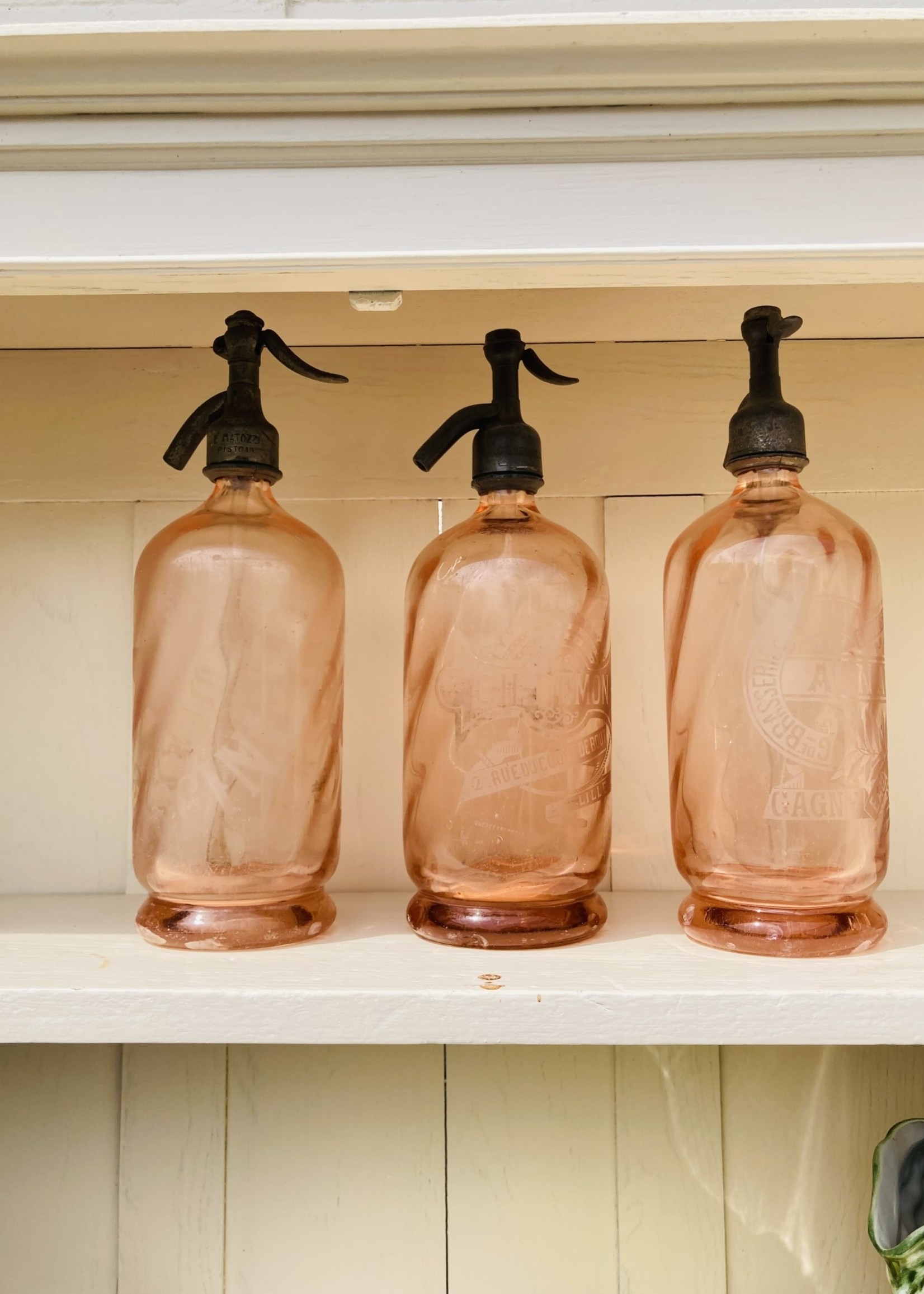 Antique Pink Siphon bottle with patina