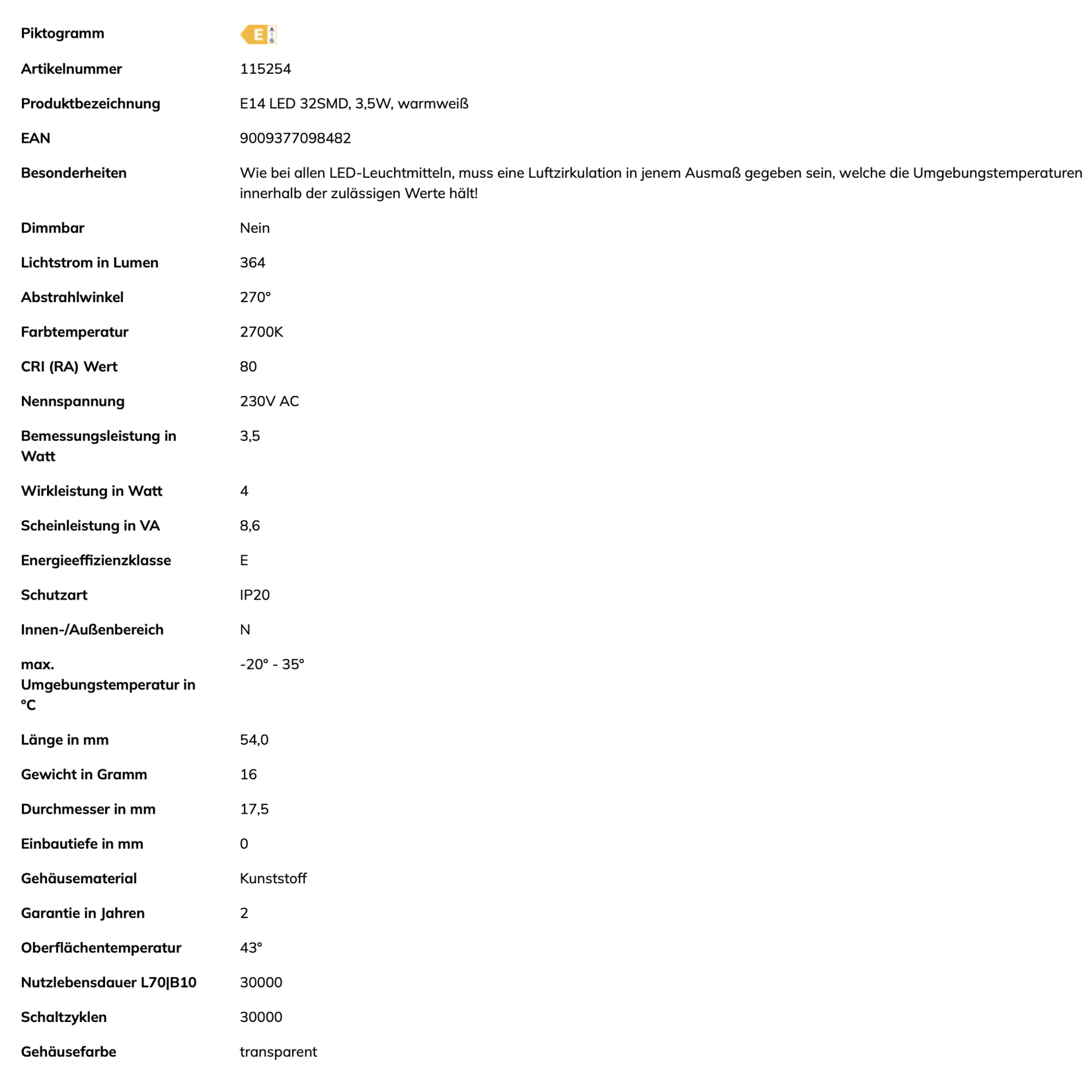 Leuchtmittel E14 LED, 3.5W, 2700K