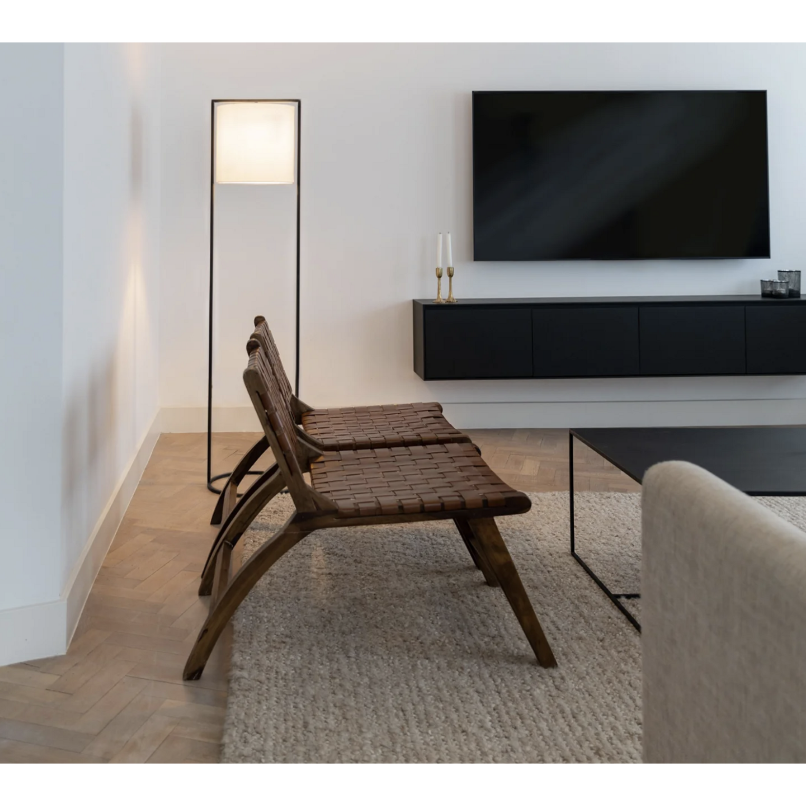 Mary Stehlampe D35xH150cm Metall schwarz & Leinen weiss