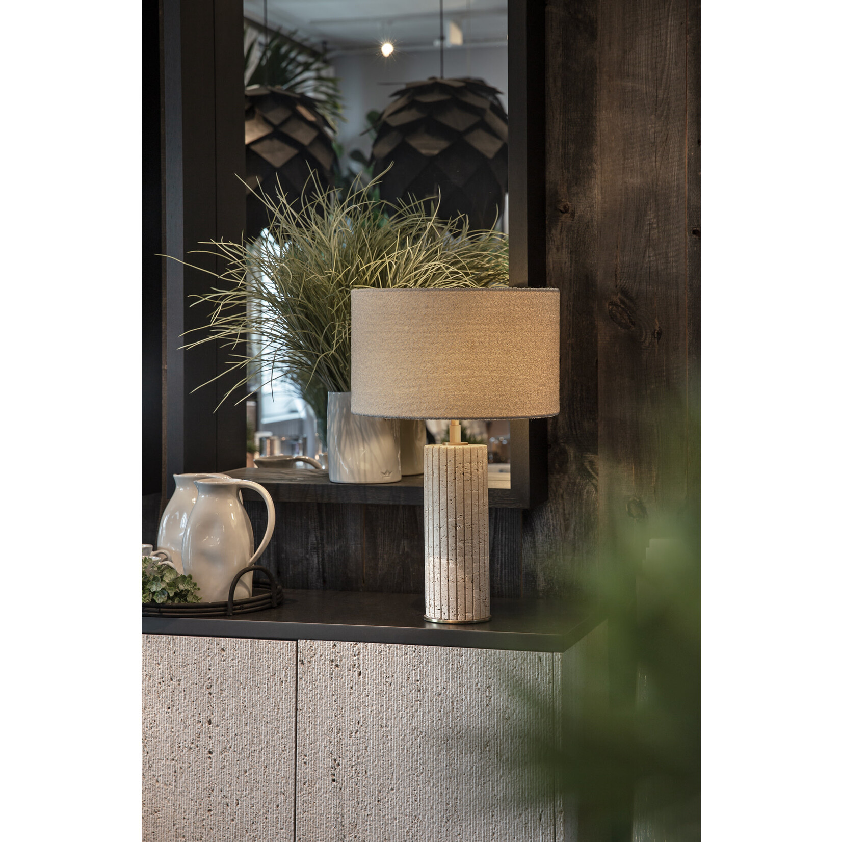 Giova Lampenständer rund inkl. Lampenschirm D40xH64cm Travertine & brass & Bouclé offwhite