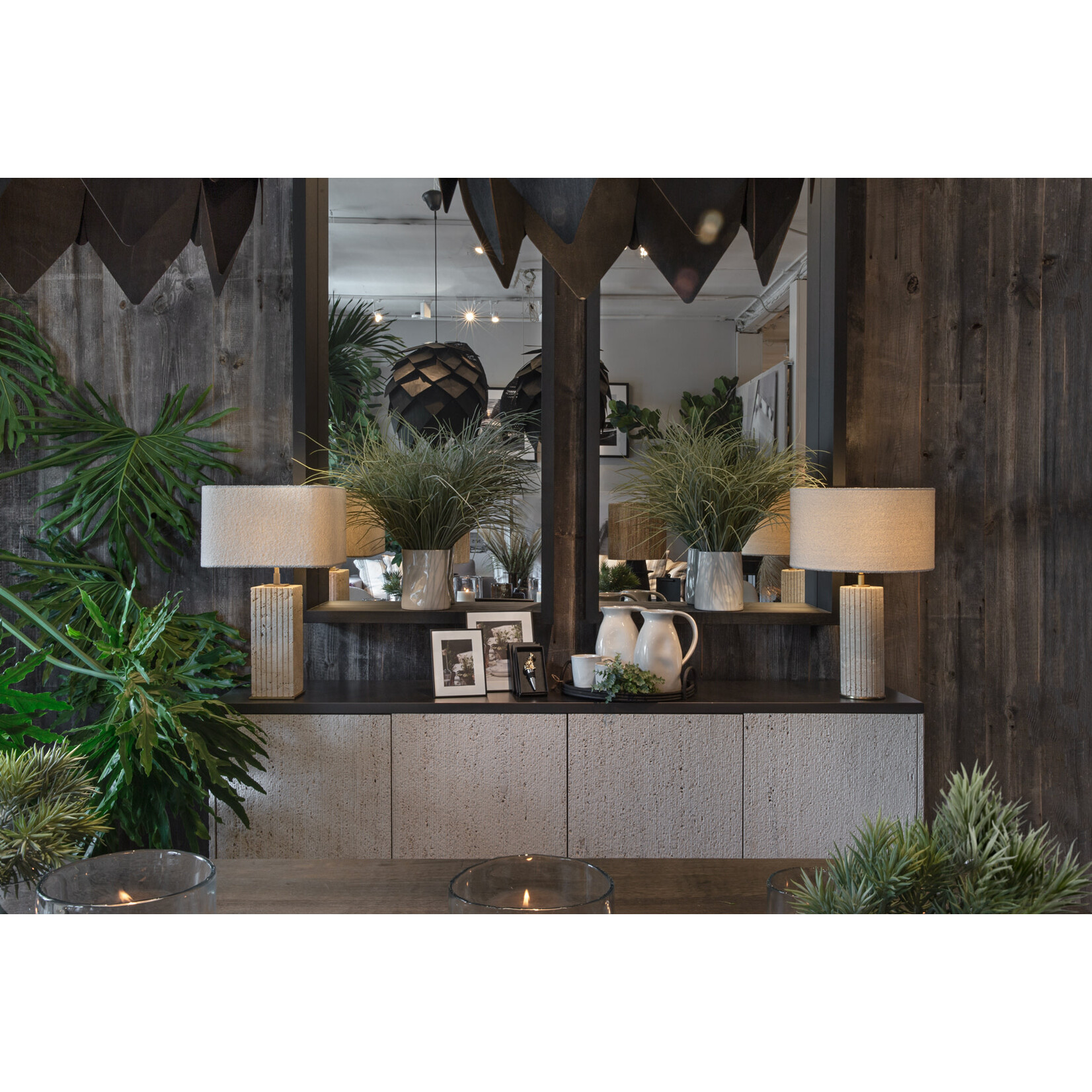 Giova Lampenständer rund inkl. Lampenschirm D40xH64cm Travertine & brass & Bouclé offwhite