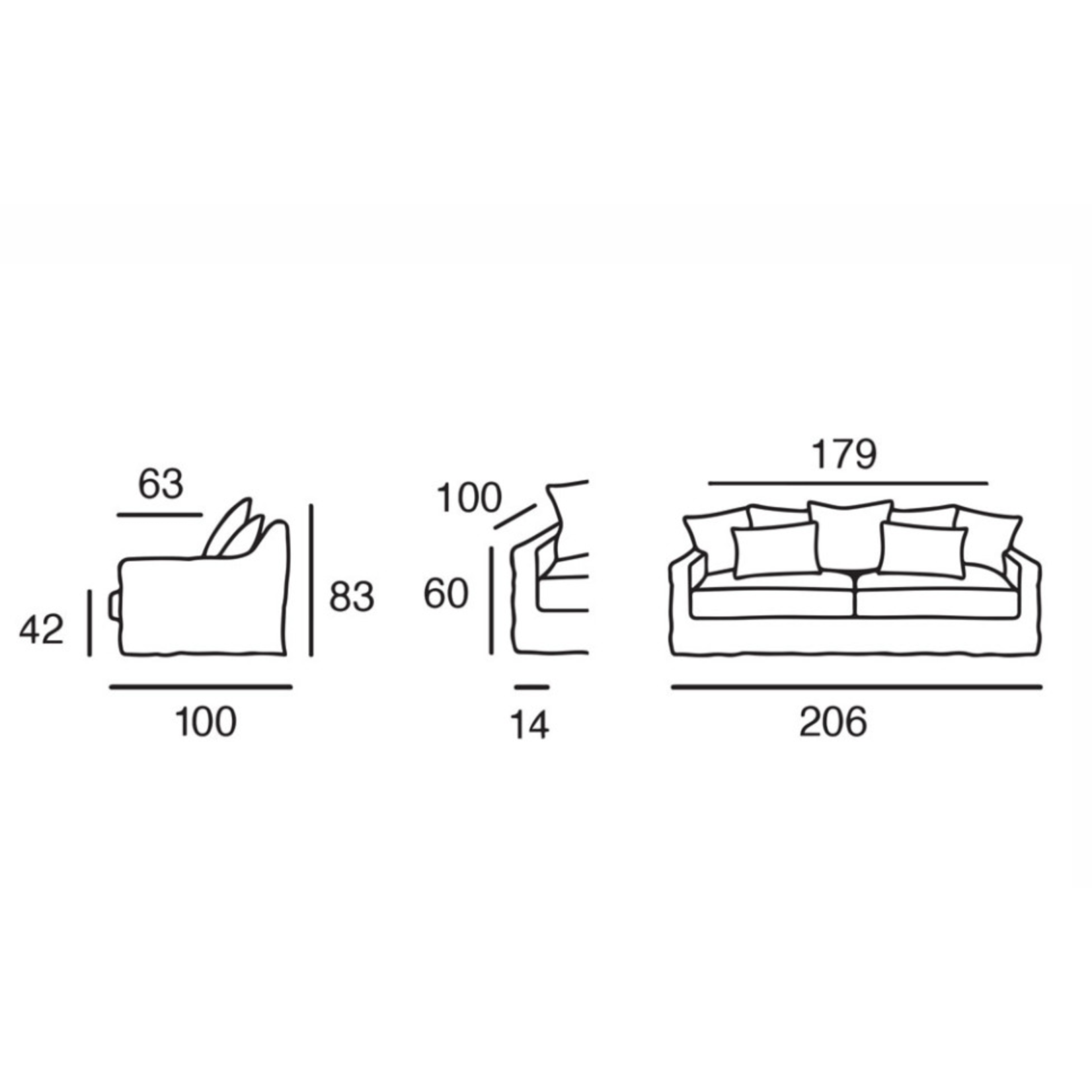 Sofa Byron Bay 3er, 206x100xH83cm inkl. Kissen, Leinen Sweet Ecru