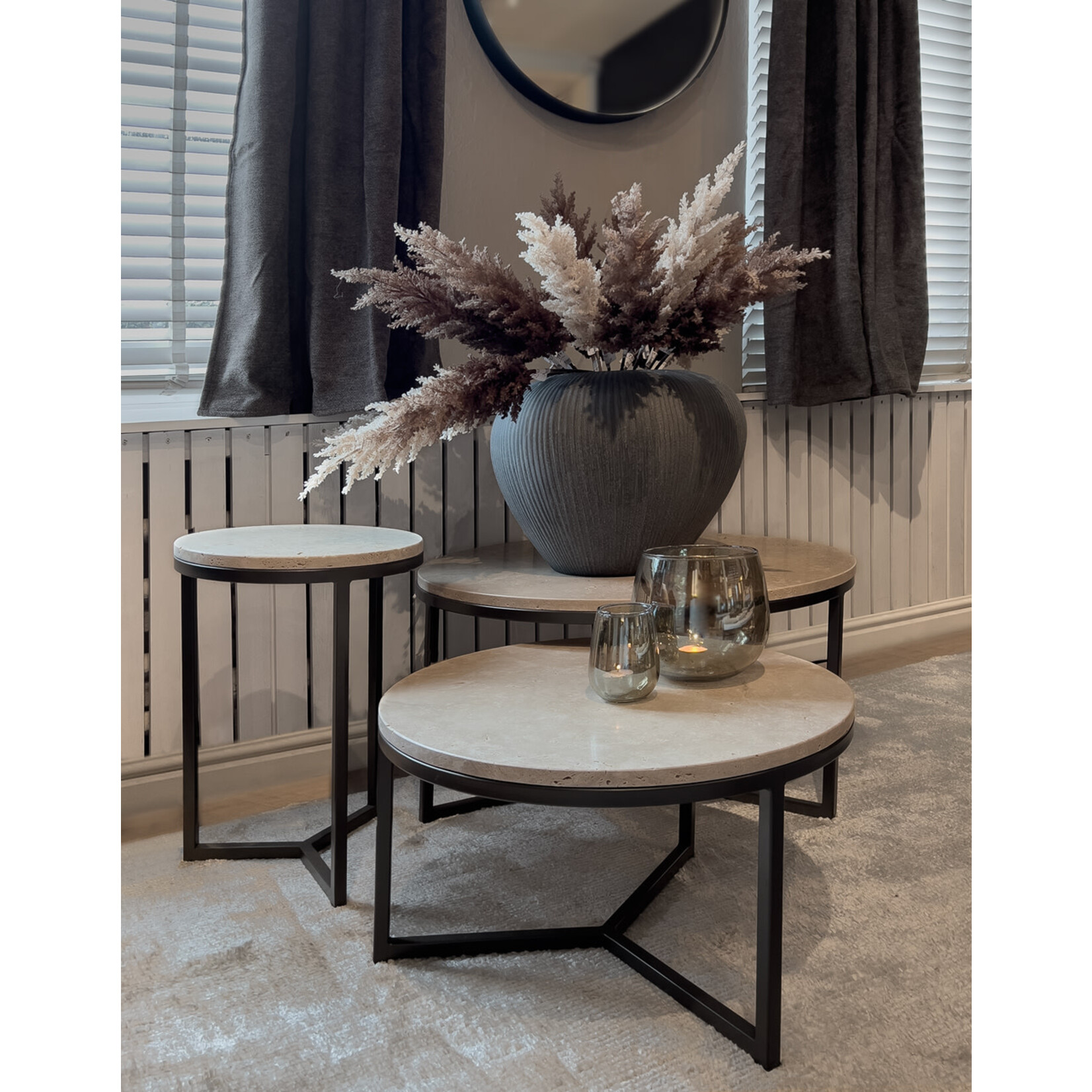 Viola Salontisch D80xH42cm Metall Anodic brown & Travertine beige