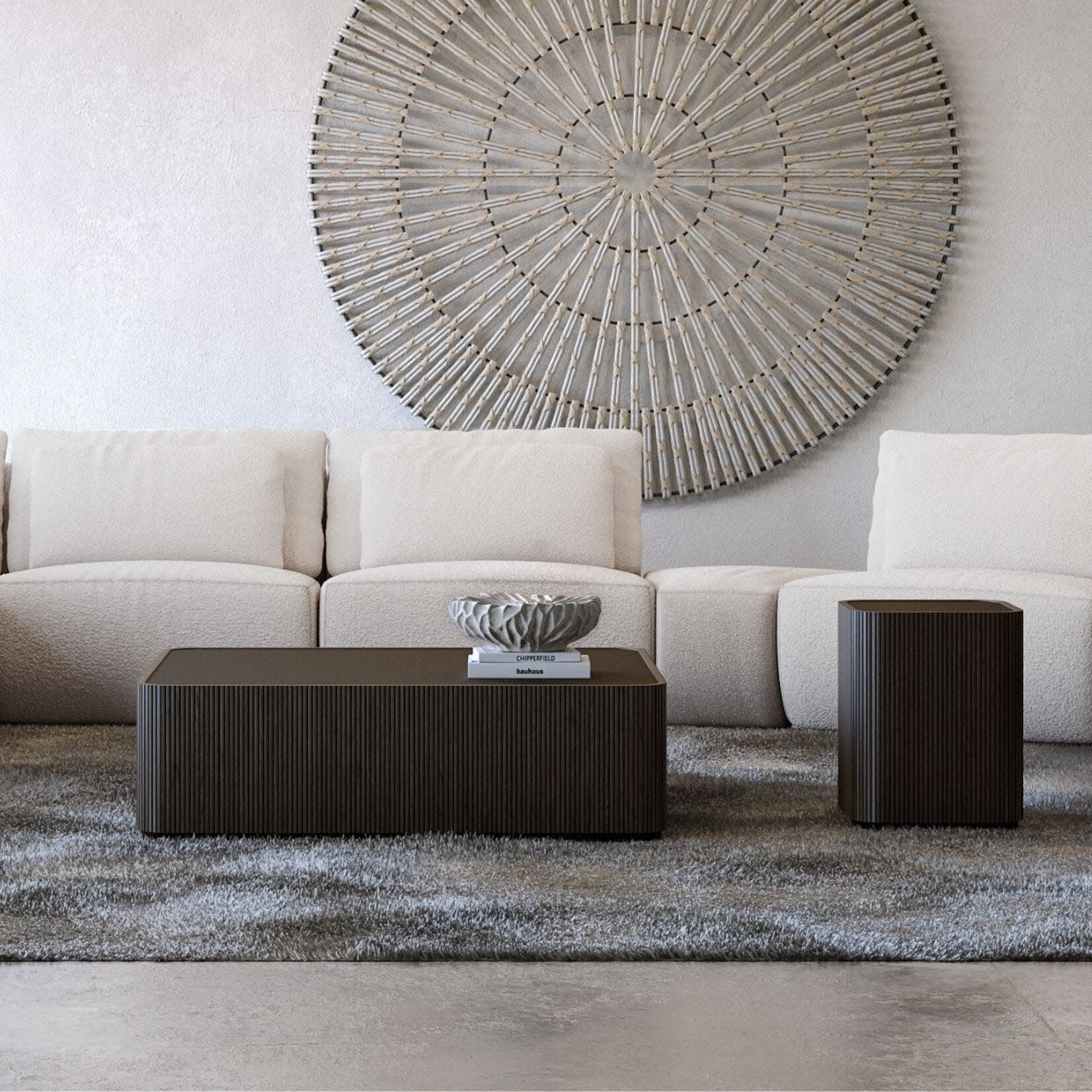 Trenton Salontisch, Farbe: Night Black 02 gebürstet und gerillt, Oberfläche: Glas matt braun