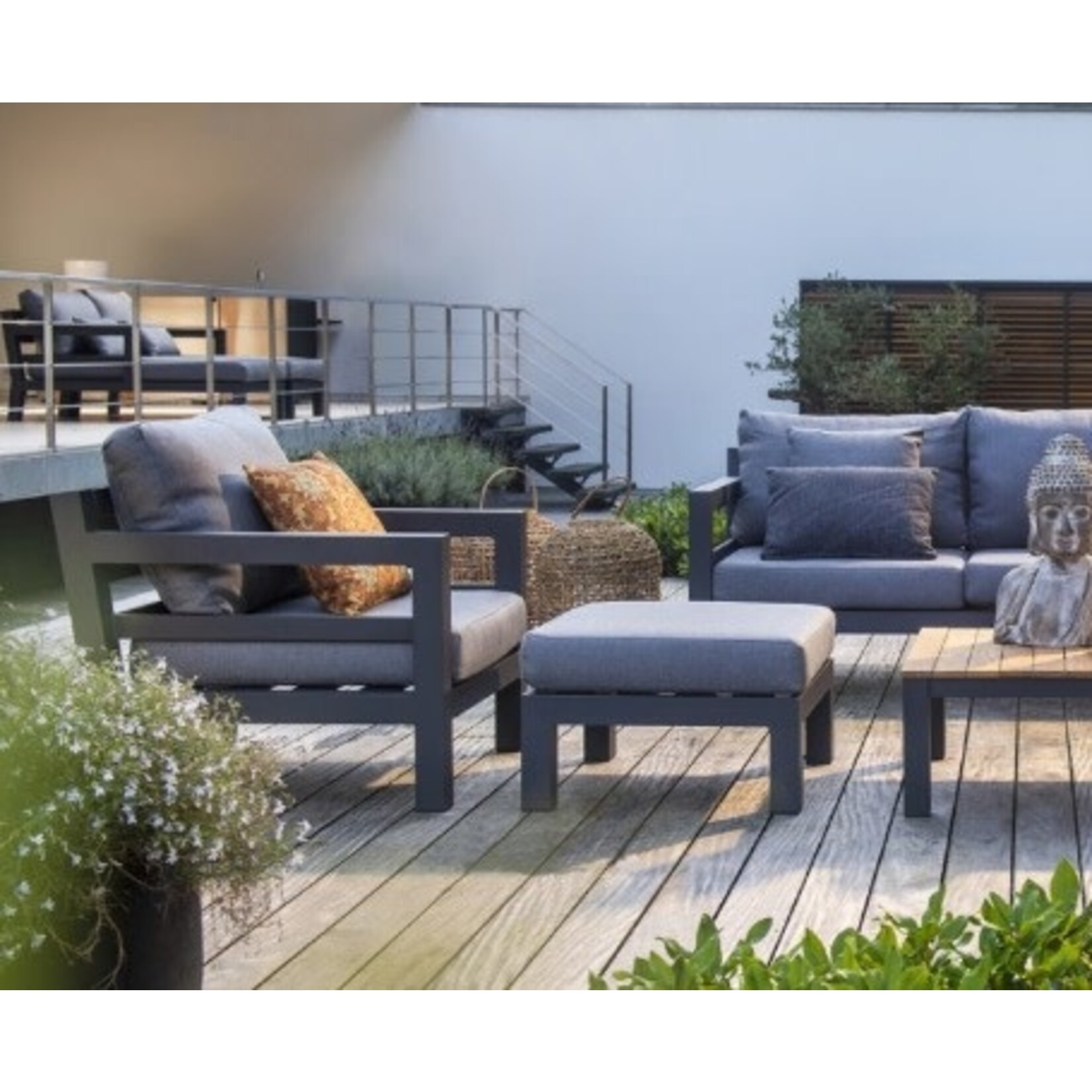 Midway Hocker 66x66xH43cm, Alu schwarz, Kissen grau