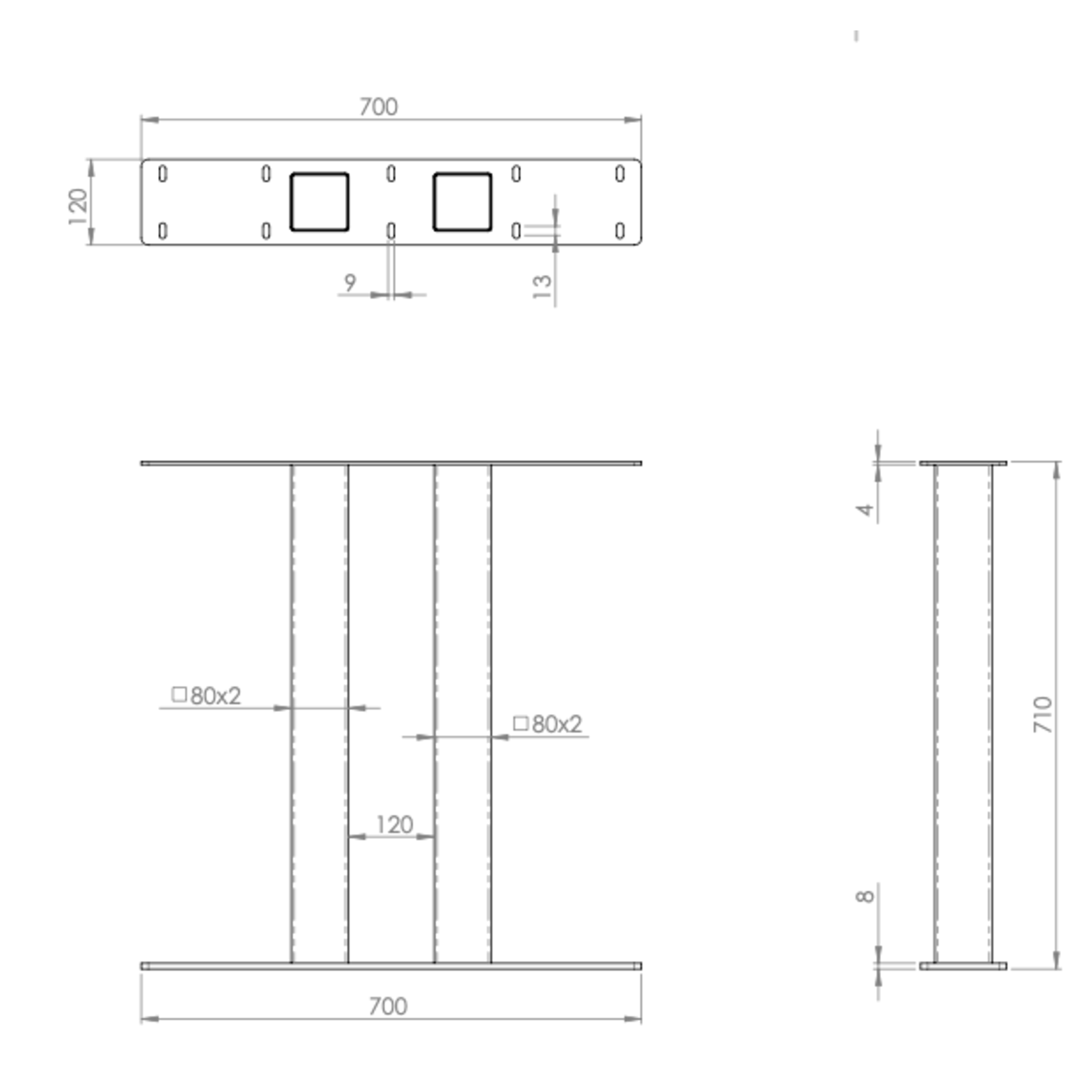 Duo Tischbeine Metall schwarz matt (Set), Profil: 8x8cm, 70xH71cm