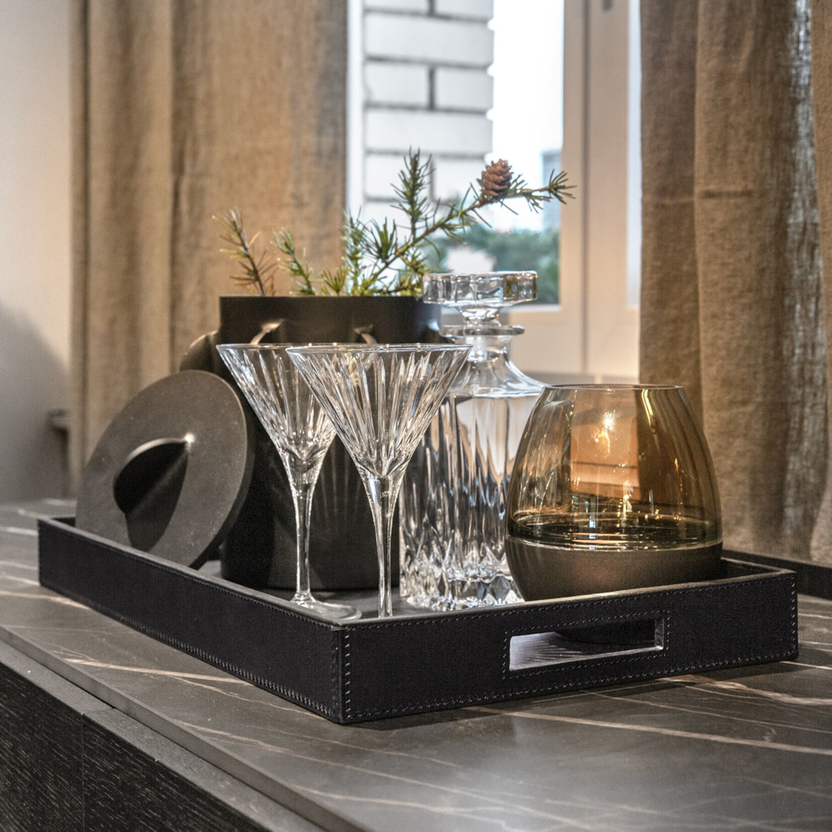 Serviertablett Leder: schwarz, Naht: schwarz 50x30x5cm