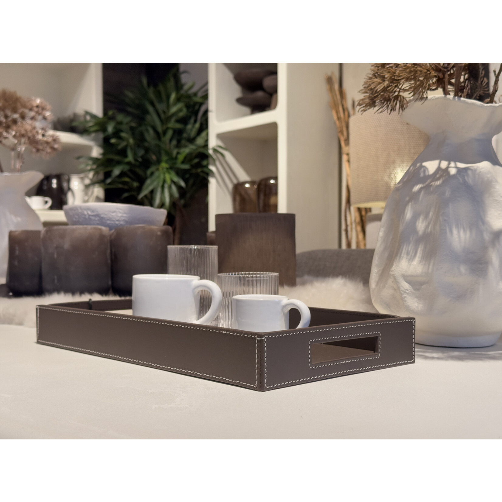 Serviertablett Leder: braun, Naht: weiss 43x23x5cm