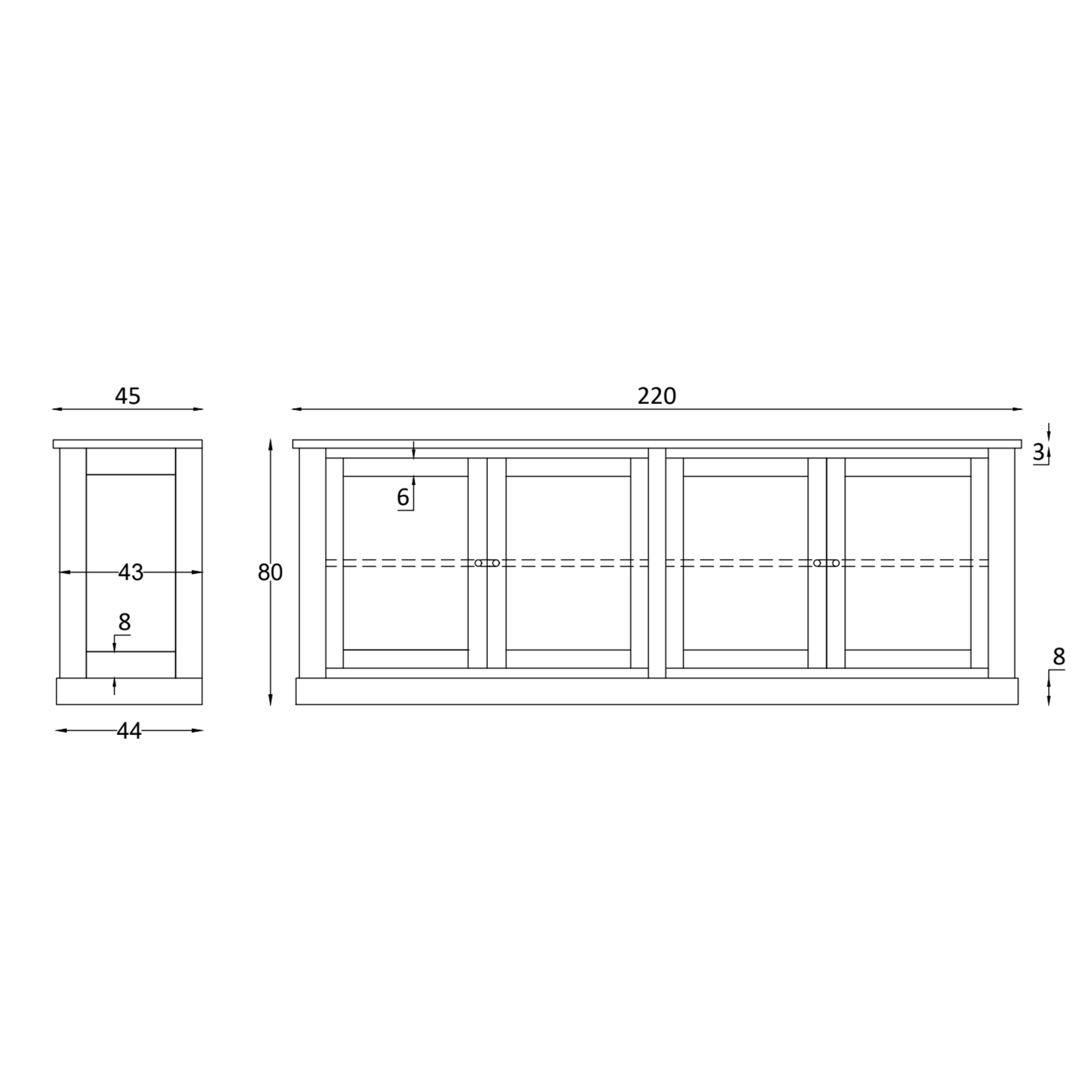 Sideboard mit vier Türen, Eiche natur, 220x45xH80cm