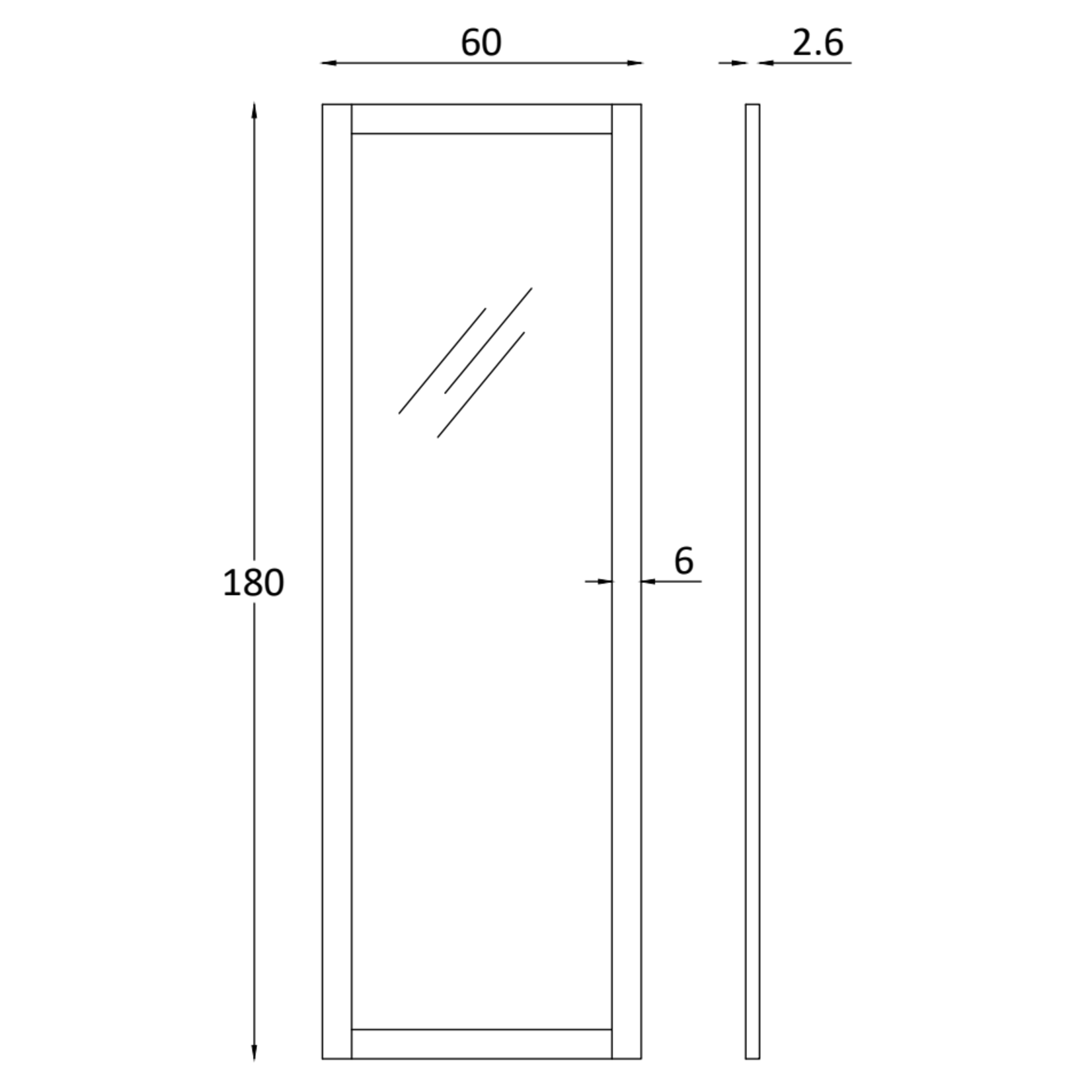 Spiegel mit Holzumrahmung 6cm, Eiche schwarz, 60x2.6H180cm