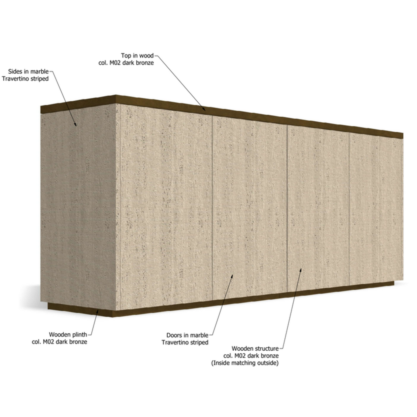 Tramin Sideboard, 200x45xH80cm, Travertin gerillt und gebürstet