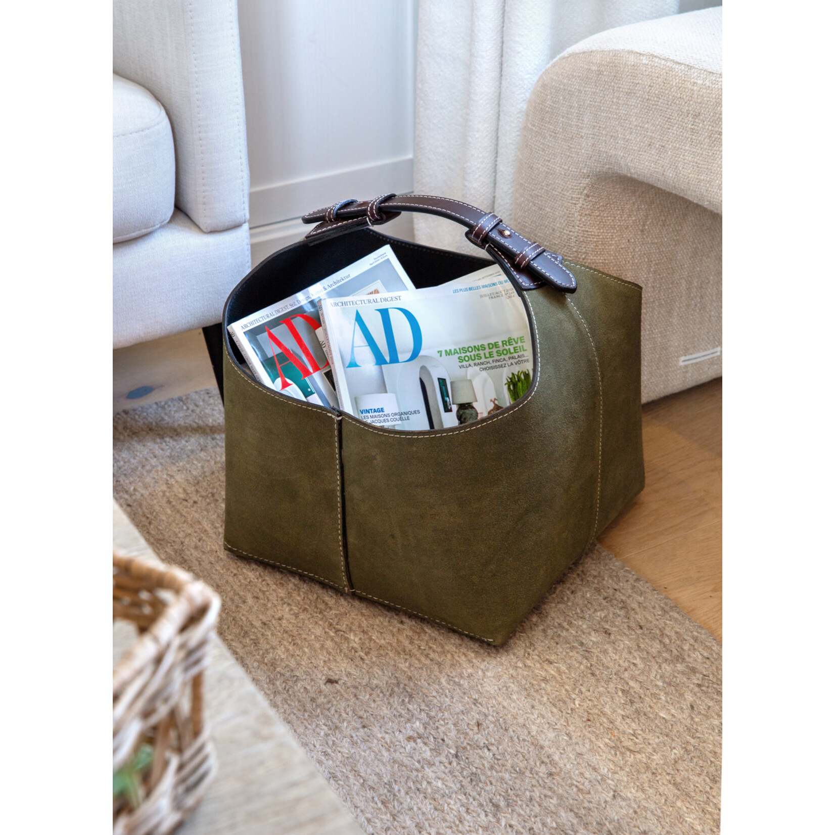 Magazin Aufbewahrung olive/braun, Naht: weiss