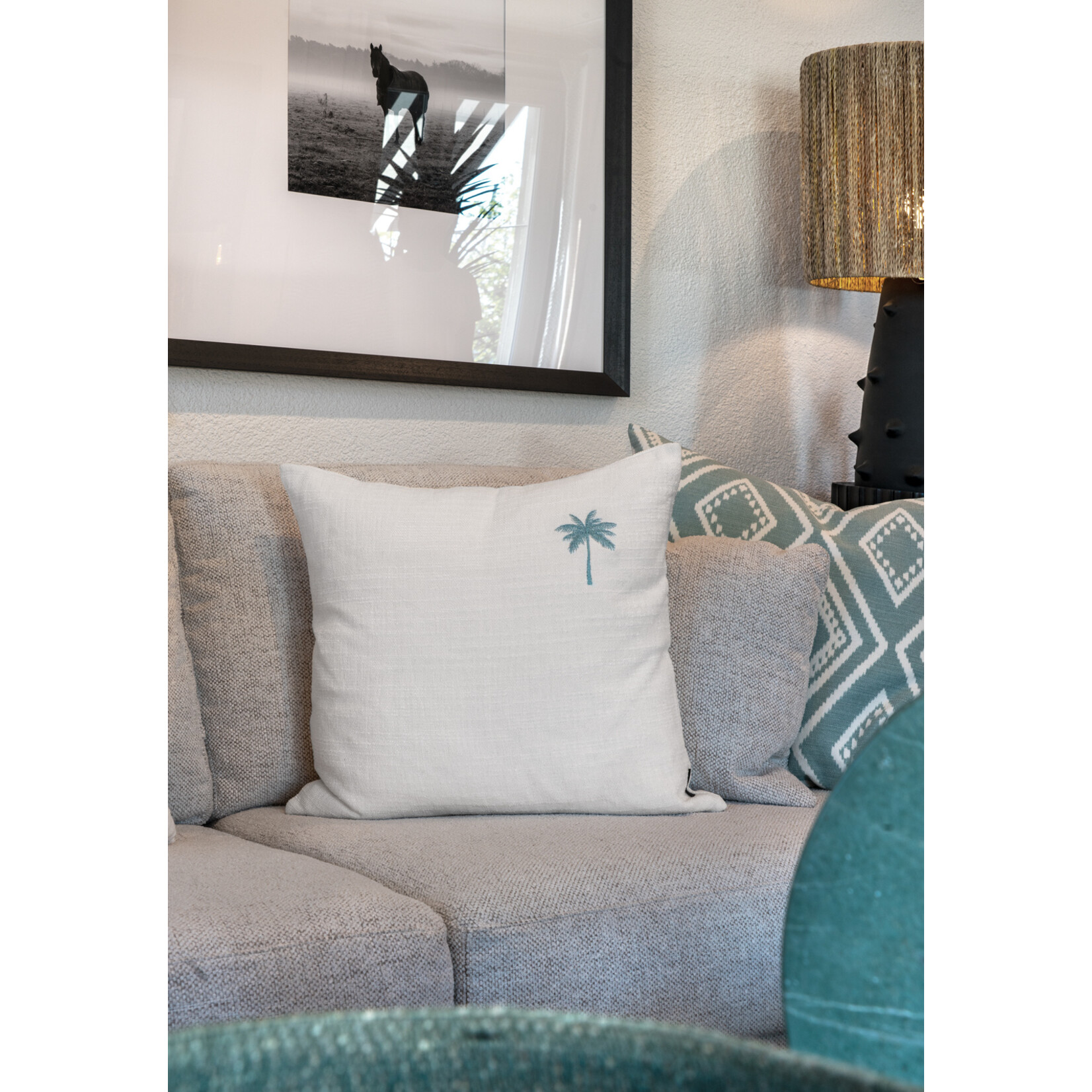 Summy Kissen weiss, kleine Palme Türkis, 55x55cm