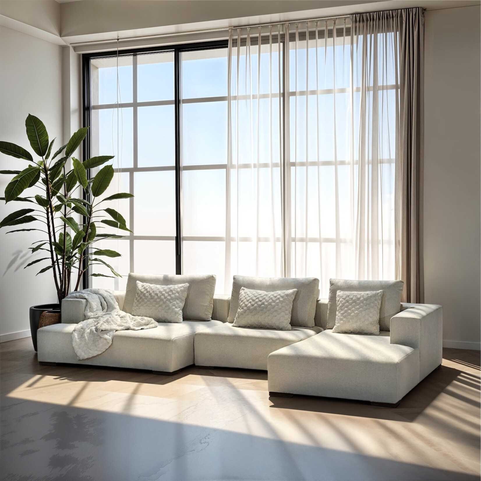 Denver Sofa, 365x145/185cm x SH 36.5 cm, Stoff: Loft 01 Cream Kat. A, Füsse: 2.5 cm Nickel Gebürstet