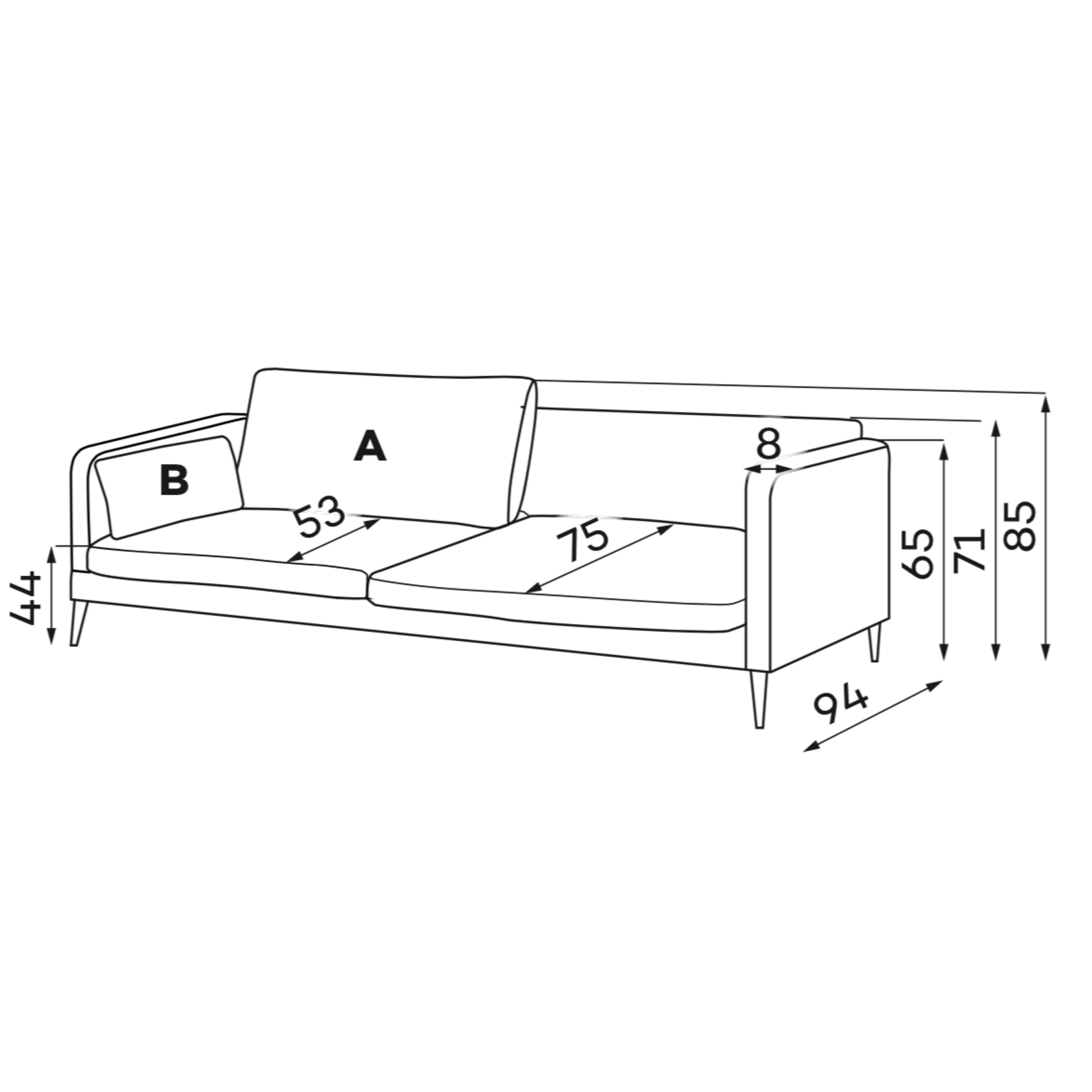 Adam Sofa 3-Sitzer 223x94xH85cm, Füsse: schwarz, Stoff: Viento 02 Kat. D