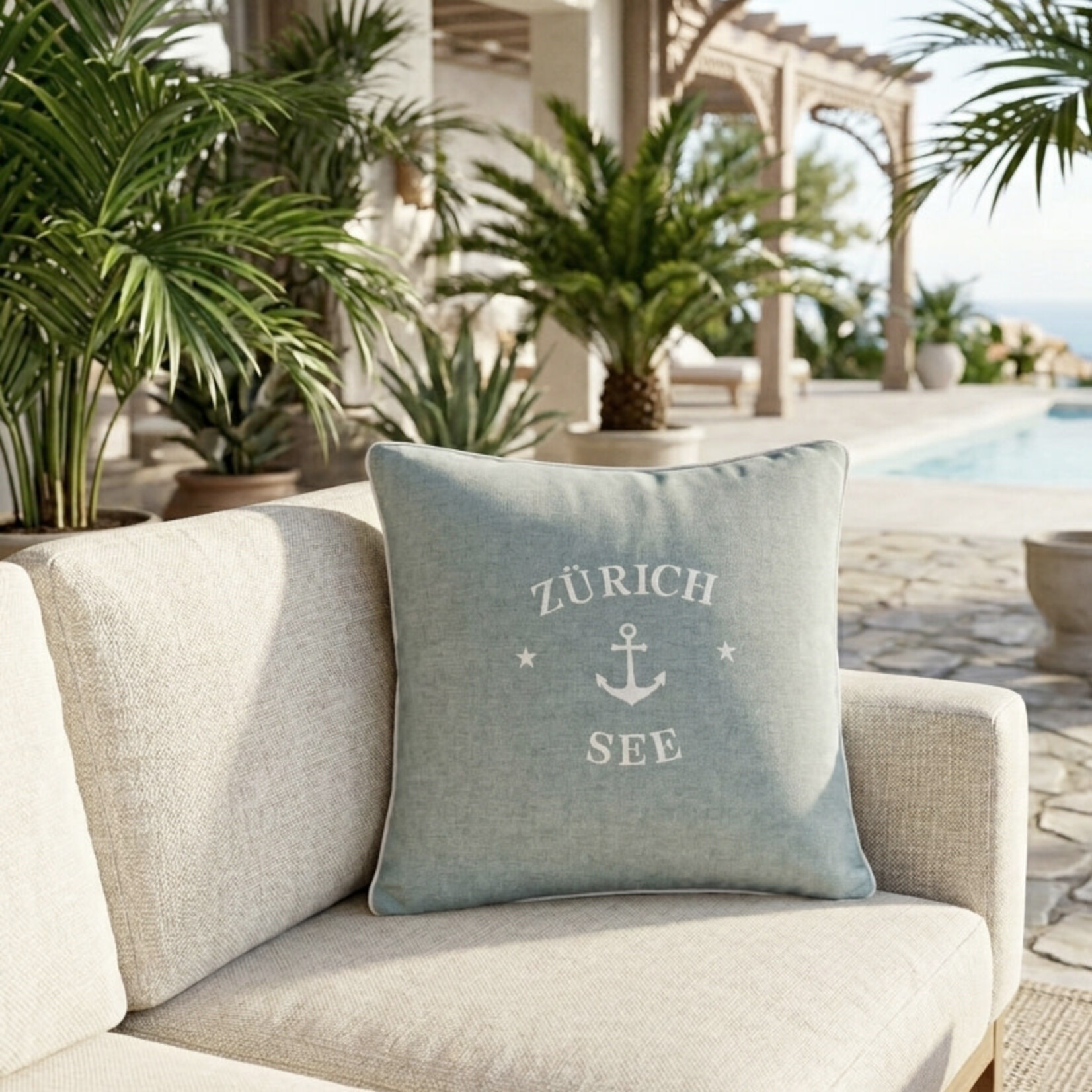 Summy Kissen Türkis, Zürich-See Anker mit Keder weiss, 55x55cm