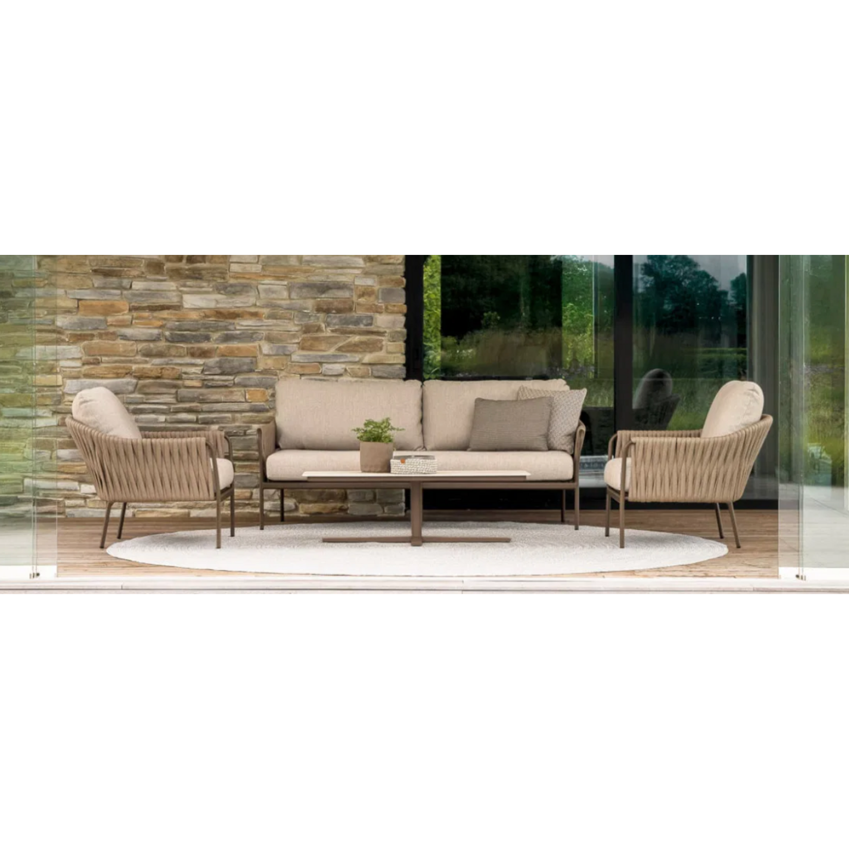 Hyra Lounge Sessel 85x93xH77cm, Alu Bronze, Gurten Toffee, Kissen Flax beige
