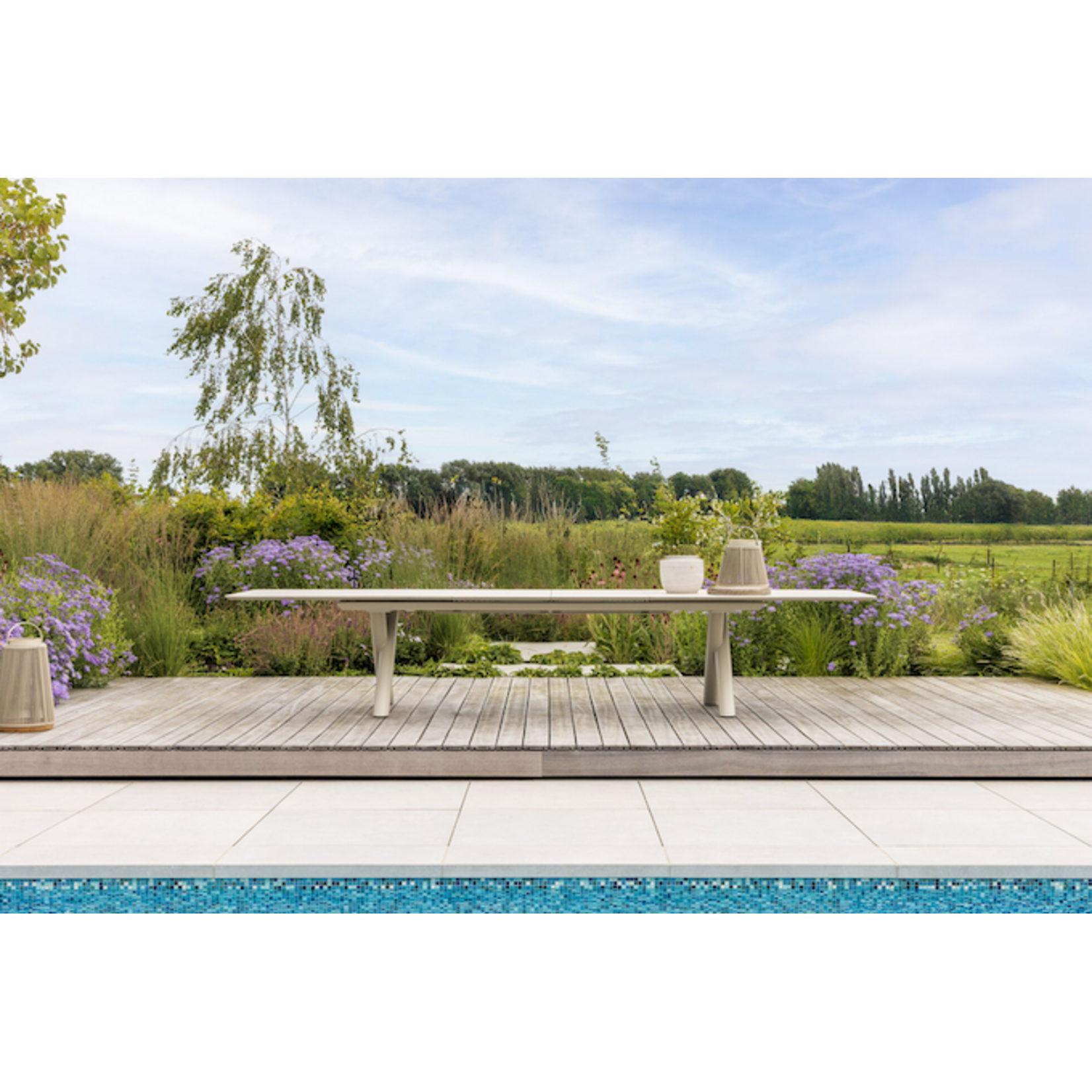 Maratea Esstisch ausziehbar 280/400x100cm, Gestell: Alu Leinen, Platte: Keramik Travertin