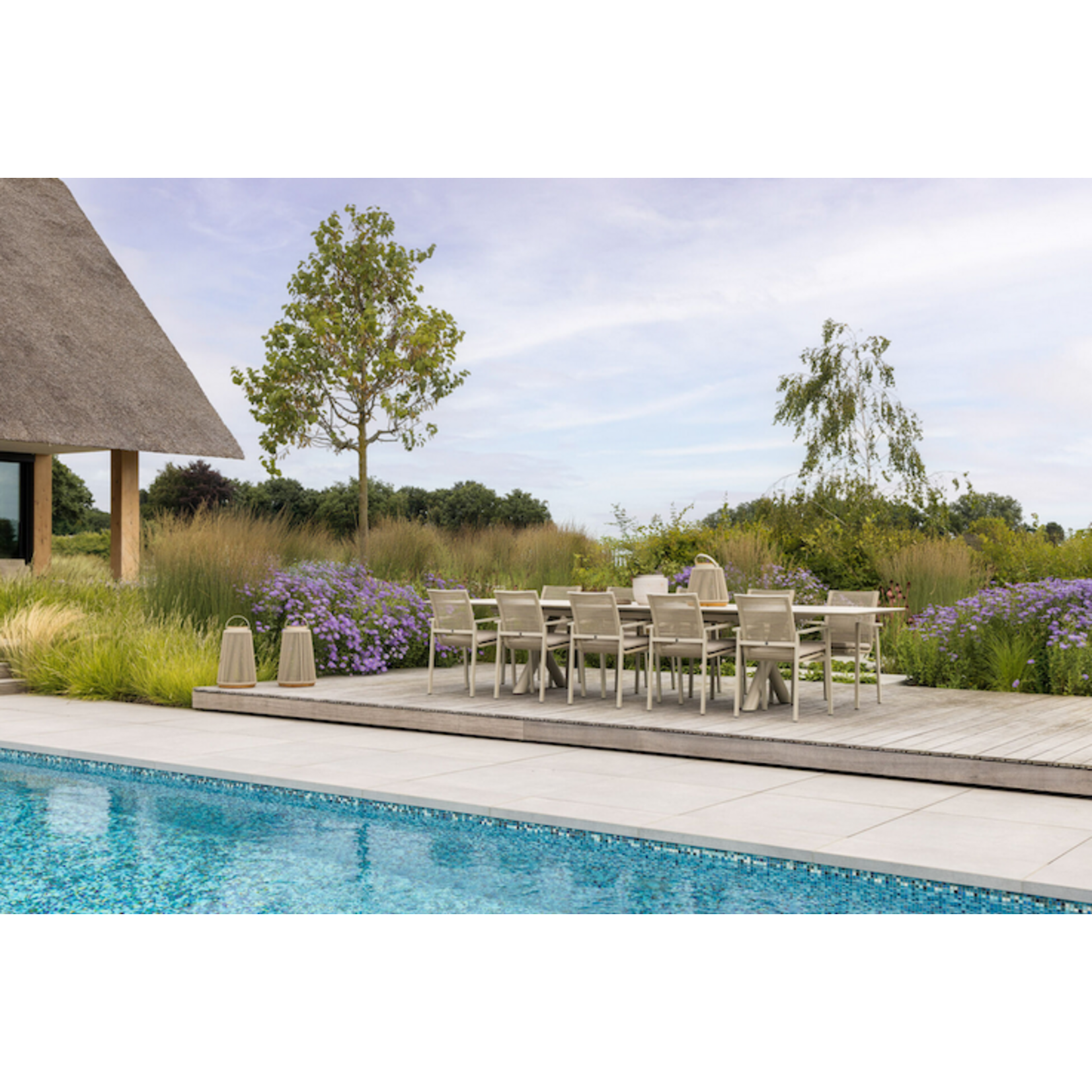 Maratea Esstisch ausziehbar 280/400x100cm, Gestell: Alu Leinen, Platte: Keramik Travertin