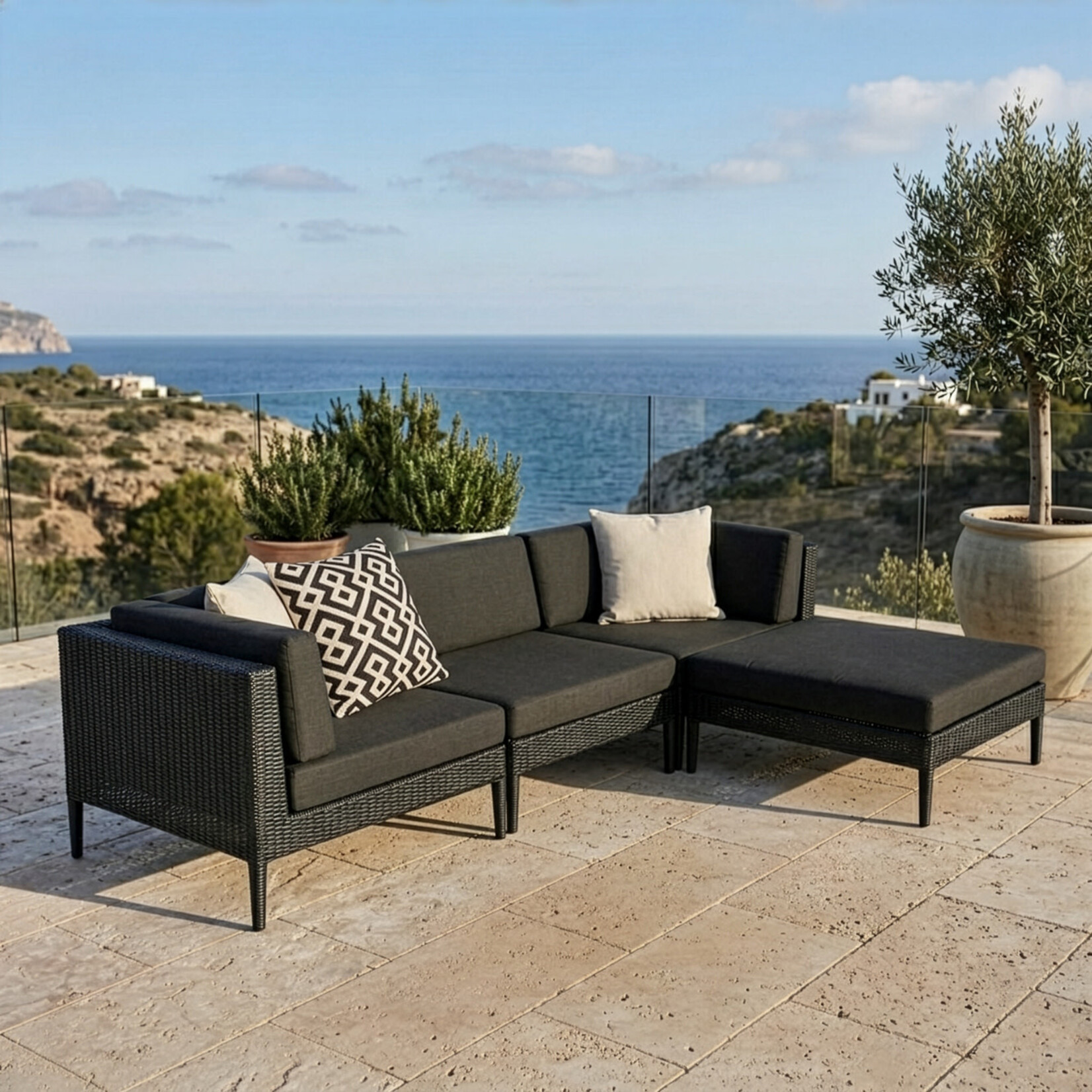 Kissen Outdoor, Carbon, schwarz/weiss gemustert, 47x47cm - Handmade by Spectroom