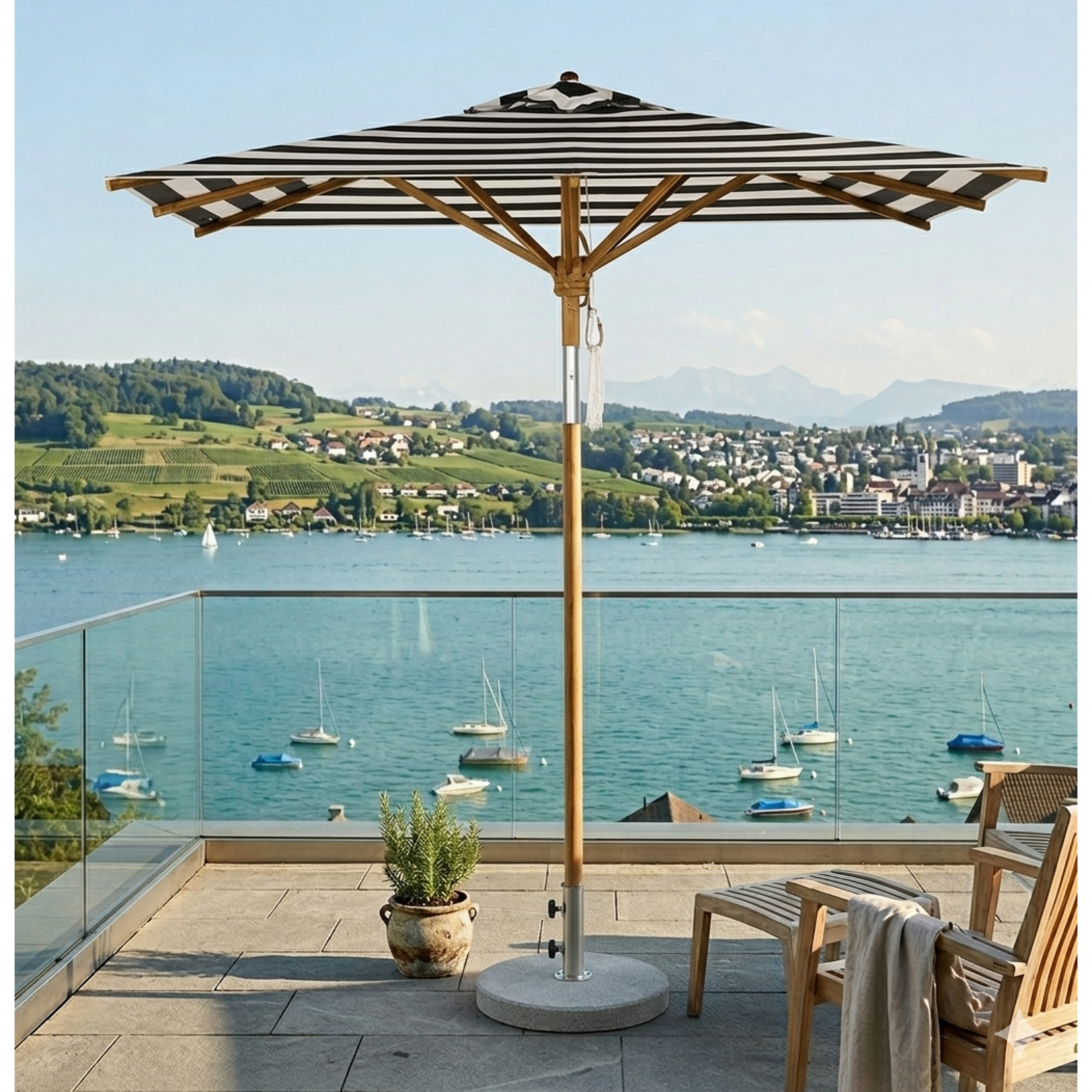 Sonnenschirm Klassiker 210x210cm, Stoff: schwarz-weiss gestreift mit Knick