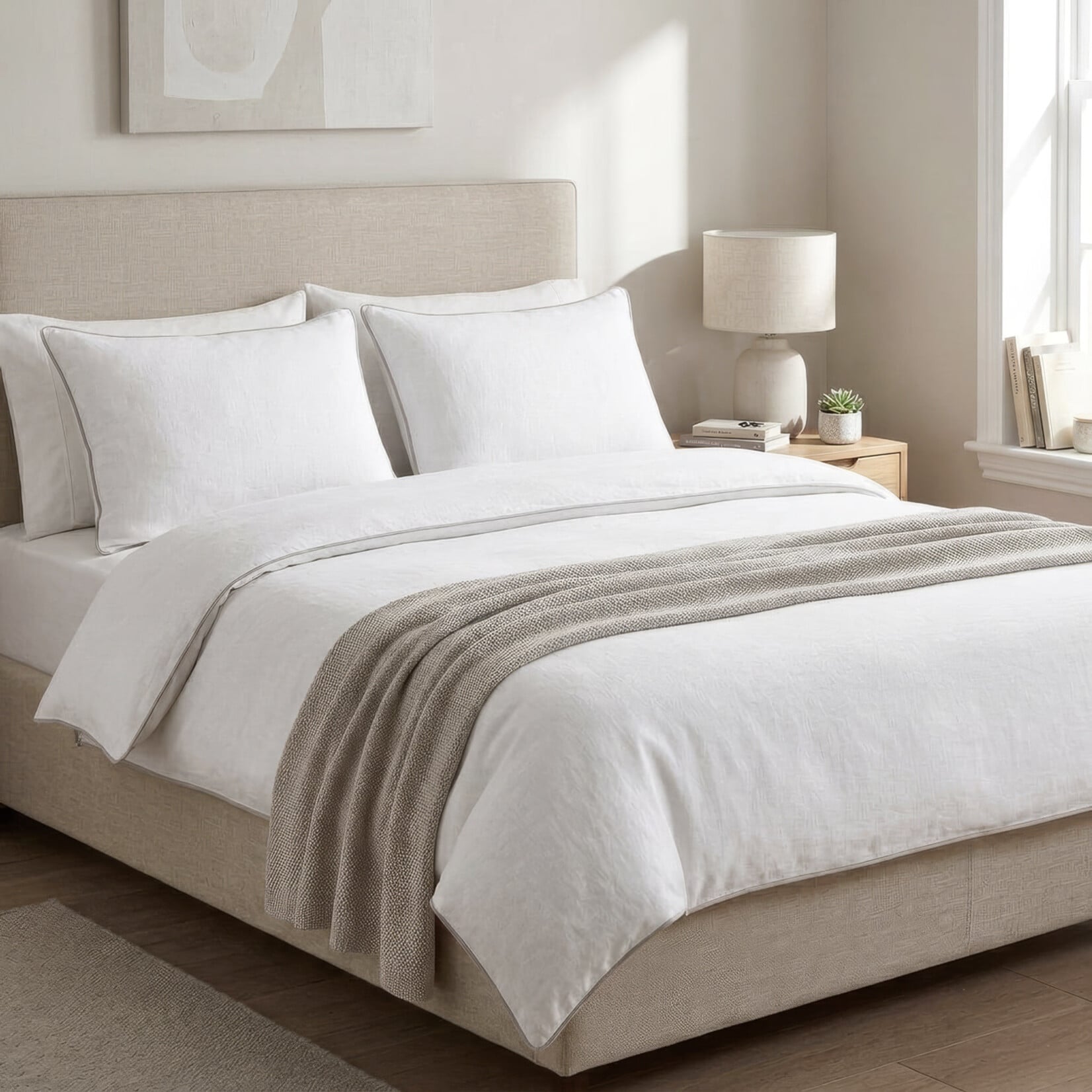 Lindeo Duvetbezug aus 100% Leinen, 200x210cm,weiss mit natural Kedernaht