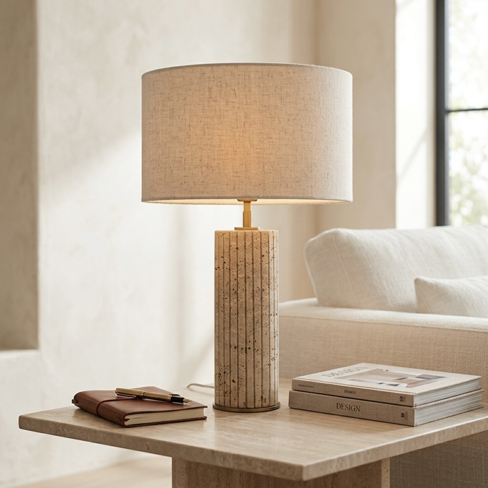 Giova Lampenständer rund inkl. Lampenschirm D40xH64cm Travertine & brass & Bouclé offwhite